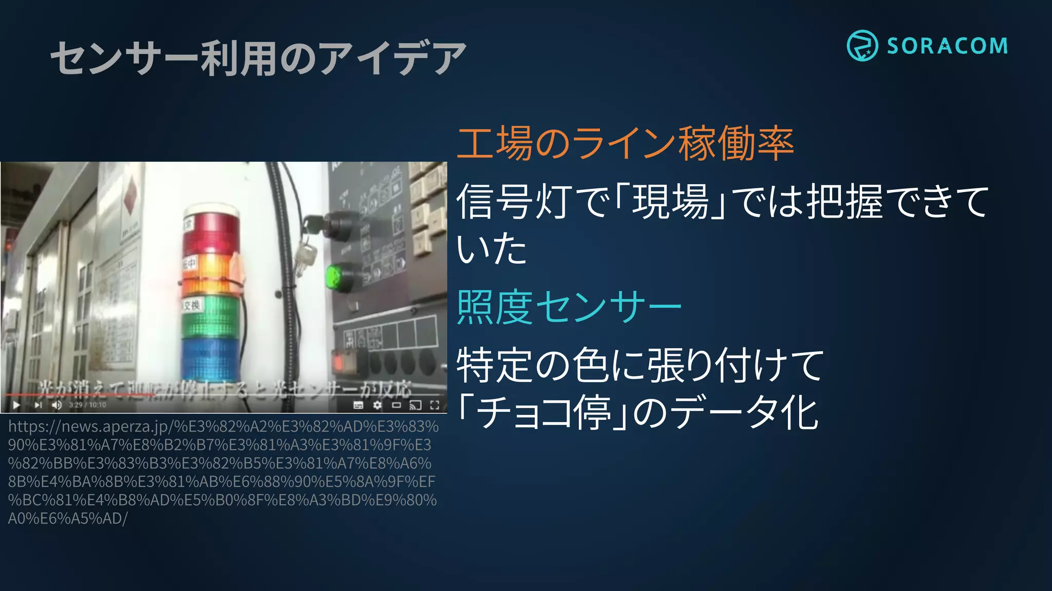 センサー利用のアイデア
工場のライン稼働率
信号灯で「現場」では把握できて
いた
照度センサー
特定の色に張り付けて
「チョコ停」のデータ化https://news.aperza.jp/%E3%82%A2%E3%82%AD%E3%83%
90%E3%81%A7%E8%B2%B7%E3%81%A3%E3%81%9F%E3
%82%BB%E3%83%B3%E3%82%B5%E3%81%A7%E8%A6%
8B%E4%BA%8B%E3%81%AB%E6%88%90%E5%8A%9F%EF
%BC%81%E4%B8%AD%E5%B0%8F%E8%A3%BD%E9%80%
A0%E6%A5%AD/
 