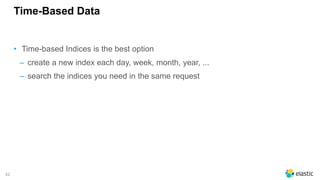 42
Time-Based Data
• Time-based Indices is the best option
‒ create a new index each day, week, month, year, ...
‒ search the indices you need in the same request
 