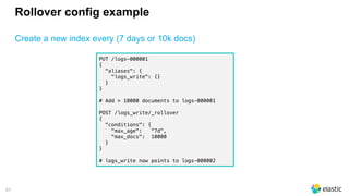 51
Rollover config example
Create a new index every (7 days or 10k docs)
PUT /logs-000001
{
"aliases": {
"logs_write": {}
}
}
# Add > 10000 documents to logs-000001
POST /logs_write/_rollover
{
"conditions": {
"max_age": "7d",
"max_docs": 10000
}
}
# logs_write now points to logs-000002
 