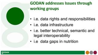GODAN addresses Issues through
working groups
• i.e. data rights and responsibilities
• i.e. data infrastructure
• i.e. better technical, semantic and
legal interoperability
• i.e data gaps in nutrition
 