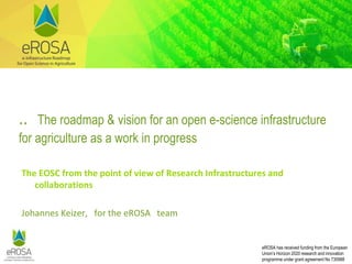 eROSA has received funding from the European
Union’s Horizon 2020 research and innovation
programme under grant agreement No 730988
.. The roadmap & vision for an open e-science infrastructure
for agriculture as a work in progress
The EOSC from the point of view of Research Infrastructures and
collaborations
Johannes Keizer, for the eROSA team
 