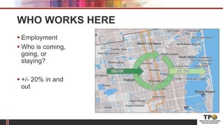 WHO WORKS HERE
 Employment
 Who is coming,
going, or
staying?
 +/- 20% in and
out
 