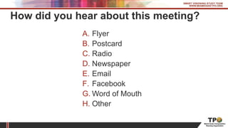 How did you hear about this meeting?
A. Flyer
B. Postcard
C. Radio
D. Newspaper
E. Email
F. Facebook
G. Word of Mouth
H. Other
 