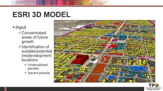 ESRI 3D MODEL
 Input
Concentrated
areas of future
growth
Identification of
suitable/potential
(re)development
locations
 Underutilized
parcels
 Vacant parcels
 