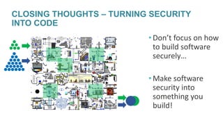 CLOSING THOUGHTS – TURNING SECURITY
INTO CODE
•Don’t focus on how
to build software
securely…
•Make software
security into...