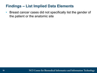 Findings – List Implied Data Elements
• Breast cancer cases did not specifically list the gender of
the patient or the anatomic site
10
 