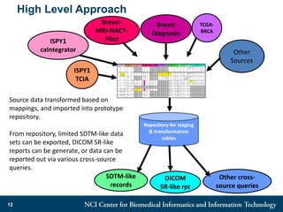 Source data transformed based on
mappings, and imported into prototype
repository.
From repository, limited SDTM-like data
sets can be exported, DICOM SR-like
reports can be generate, or data can be
reported out via various cross-source
queries.
High Level Approach
12
Other cross-
source queries
ISPY1
TCIA
ISPY1
caIntegrator
TCGA-
BRCA
Breast-
MRI-NACT-
Pilot
Breast
Diagnosis
SDTM-like
records
Repository for staging
& transformation
tables
DICOM
SR-like rpt
Other
Sources
 