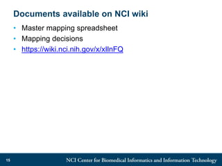 Documents available on NCI wiki
• Master mapping spreadsheet
• Mapping decisions
• https://wiki.nci.nih.gov/x/xIlnFQ
15
 