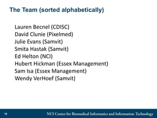 The Team (sorted alphabetically)
16
Lauren Becnel (CDISC)
David Clunie (Pixelmed)
Julie Evans (Samvit)
Smita Hastak (Samvit)
Ed Helton (NCI)
Hubert Hickman (Essex Management)
Sam Isa (Essex Management)
Wendy VerHoef (Samvit)
 