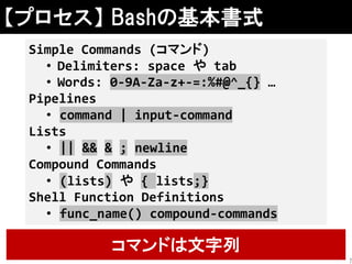 【プロセス】 Bashの基本書式
Simple Commands (コマンド)
• Delimiters: space や tab
• Words: 0-9A-Za-z+-=:%#@^_{} …
Pipelines
• command | input-command
Lists
• || && & ; newline
Compound Commands
• (lists) や { lists;}
Shell Function Definitions
• func_name() compound-commands
コマンドは文字列
7
 