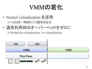 VMMの若化
• Nested virtualization を活用
VMMを一時的に2つ動作させる
• 通常利用時のオーバーヘッドをゼロに
Nested de-virtualization / re-virtualization
30
V...
