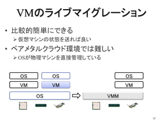 VMのライブマイグレーション
• 比較的簡単にできる
仮想マシンの状態を送れば良い
• ベアメタルクラウド環境では難しい
OSが物理マシンを直接管理している
32
VMM
VM
OS
VM
OS
VMM
VM
OS
OS
 