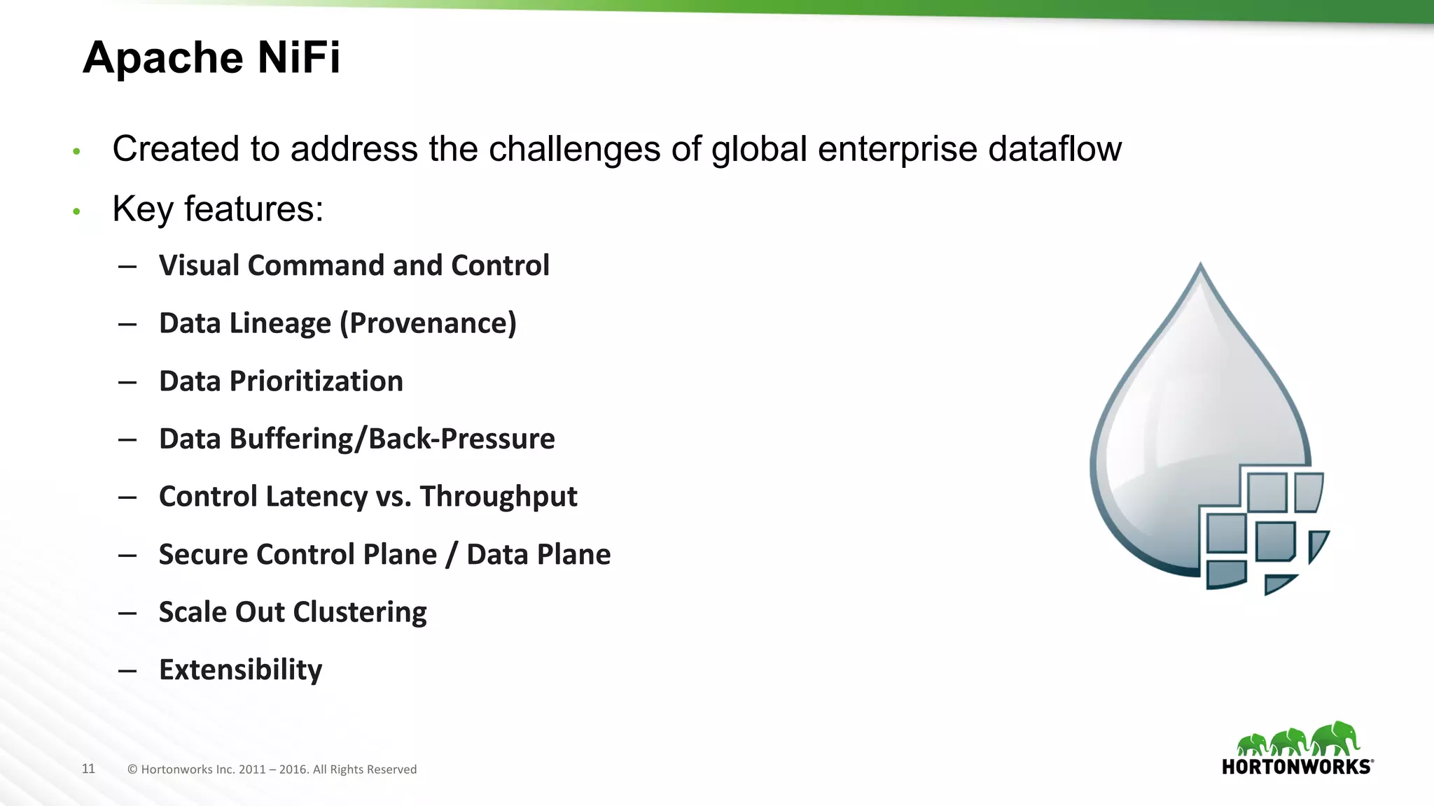 11 ©	Hortonworks	Inc.	2011	– 2016.	All	Rights	Reserved
Apache NiFi
• Created to address the challenges of global enterprise dataflow
• Key features:
– Visual	Command	and	Control
– Data	Lineage	(Provenance)
– Data	Prioritization
– Data	Buffering/Back-Pressure
– Control	Latency	vs.	Throughput
– Secure	Control	Plane	/	Data	Plane
– Scale	Out	Clustering
– Extensibility
 