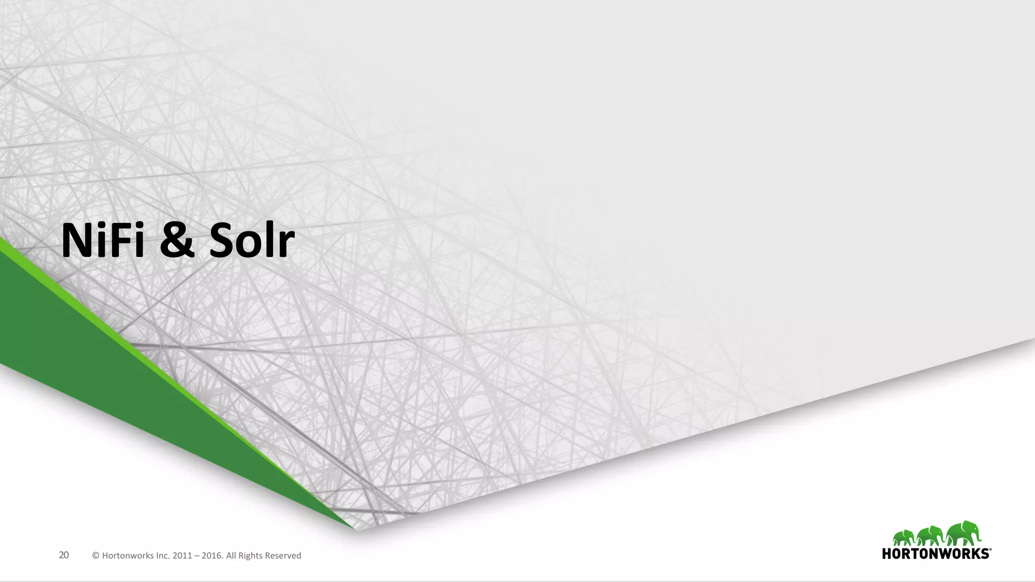 20 ©	Hortonworks	Inc.	2011	– 2016.	All	Rights	Reserved
NiFi &	Solr
 