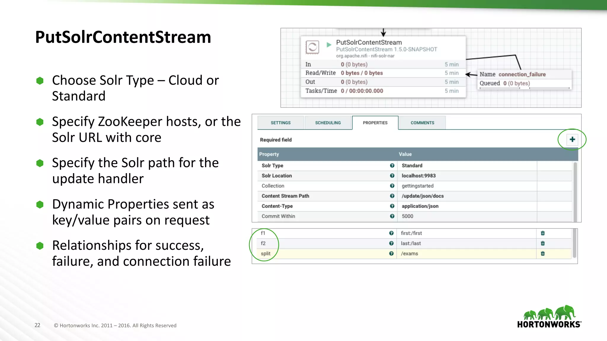 22 ©	Hortonworks	Inc.	2011	– 2016.	All	Rights	Reserved
PutSolrContentStream
Ã Choose	Solr Type	– Cloud	or	
Standard
Ã Specify	ZooKeeper hosts,	or	the	
Solr URL	with	core
Ã Specify	the	Solr path	for	the	
update	handler
Ã Dynamic	Properties	sent	as	
key/value	pairs	on	request
Ã Relationships	for	success,	
failure,	and	connection	failure
 