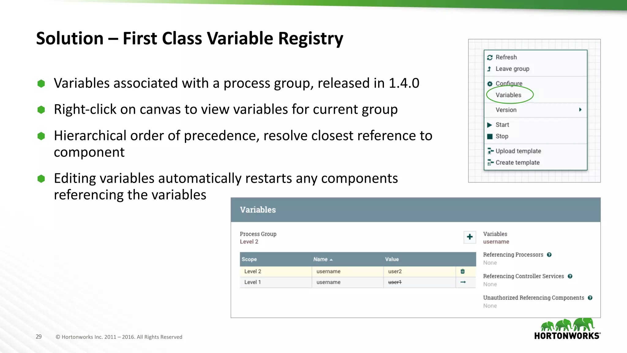 29 ©	Hortonworks	Inc.	2011	– 2016.	All	Rights	Reserved
Solution	– First	Class	Variable	Registry	
Ã Variables	associated	with	a	process	group,	released	in	1.4.0
Ã Right-click	on	canvas	to	view	variables	for	current	group
Ã Hierarchical	order	of	precedence,	resolve	closest	reference	to	
component
Ã Editing	variables	automatically	restarts	any	components	
referencing	the	variables
 