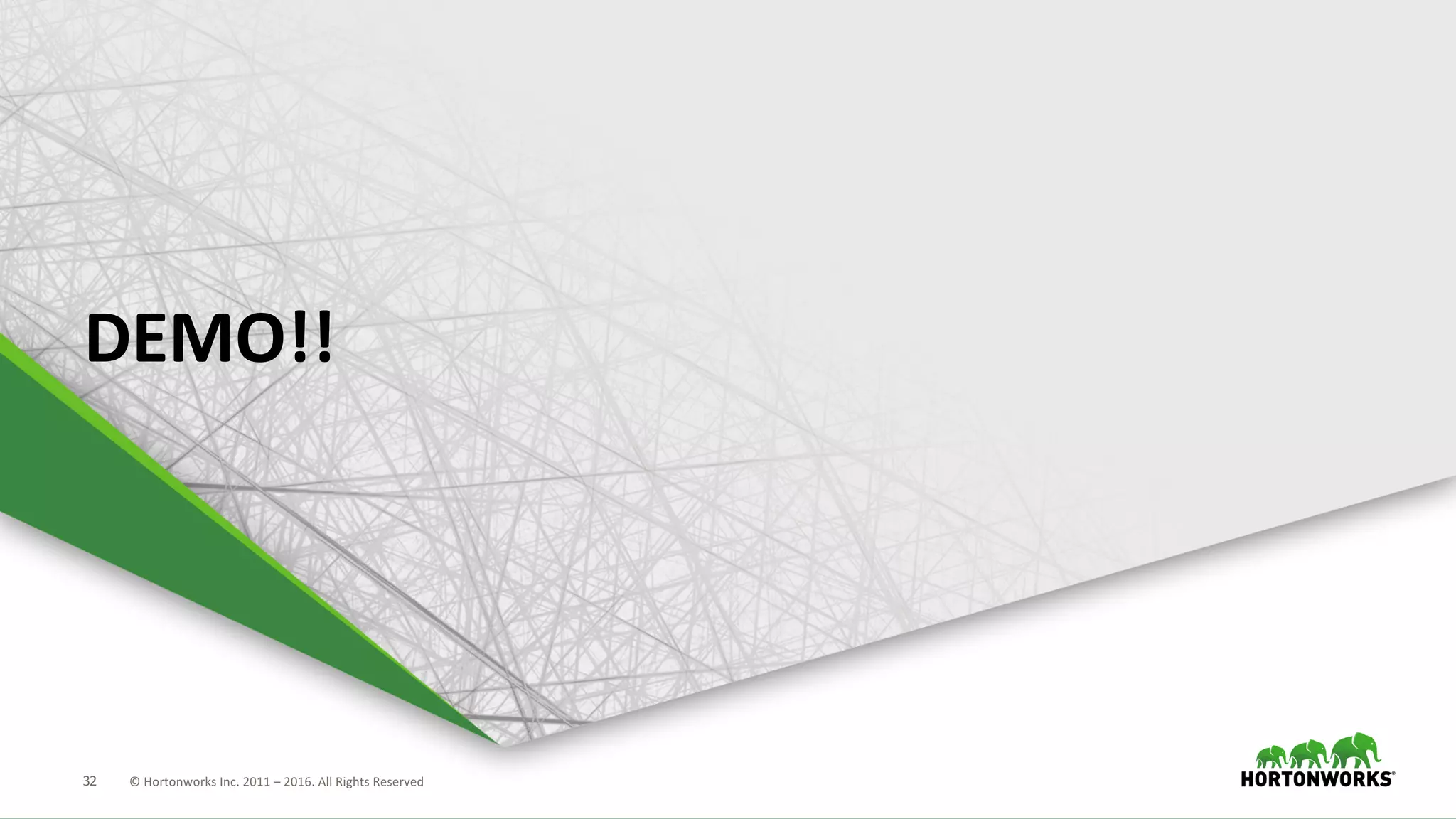 32 ©	Hortonworks	Inc.	2011	– 2016.	All	Rights	Reserved
DEMO!!
 