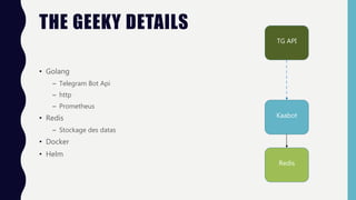 THE GEEKY DETAILS
• Golang
– Telegram Bot Api
– http
– Prometheus
• Redis
– Stockage des datas
• Docker
• Helm
Kaabot
Redis
TG API
 