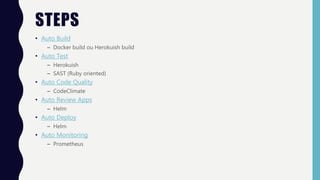 STEPS
• Auto Build
– Docker build ou Herokuish build
• Auto Test
– Herokuish
– SAST (Ruby oriented)
• Auto Code Quality
– CodeClimate
• Auto Review Apps
– Helm
• Auto Deploy
– Helm
• Auto Monitoring
– Prometheus
 
