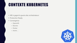 CONTEXTE KUBERNETES
• K8S à gagné la guerre des orchestrateurs
• Production Ready
• Convergence
– Openshift
– Rancher
– Docker
– Autres …
 