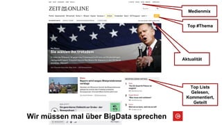 Wir müssen mal über BigData sprechen
Top Lists
Gelesen,
Kommentiert,
Geteilt
Aktualität
Top #Thema
Medienmix
 