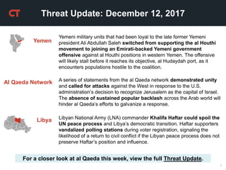 1
Threat Update: December 12, 2017
For a closer look at al Qaeda this week, view the full Threat Update.
Yemen
Yemeni military units that had been loyal to the late former Yemeni
president Ali Abdullah Saleh switched from supporting the al Houthi
movement to joining an Emirati-backed Yemeni government
offensive against al Houthi positions in western Yemen. The offensive
will likely stall before it reaches its objective, al Hudaydah port, as it
encounters populations hostile to the coalition.
Al Qaeda Network A series of statements from the al Qaeda network demonstrated unity
and called for attacks against the West in response to the U.S.
administration’s decision to recognize Jerusalem as the capital of Israel.
The absence of sustained popular backlash across the Arab world will
hinder al Qaeda’s efforts to galvanize a response.
Libyan National Army (LNA) commander Khalifa Haftar could spoil the
UN peace process and Libya’s democratic transition. Haftar supporters
vandalized polling stations during voter registration, signaling the
likelihood of a return to civil conflict if the Libyan peace process does not
preserve Haftar’s position and influence.
Libya
 