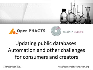 Updating public databases:
Automation and other challenges
for consumers and creators
18 December 2017 nick@openphactsfoundation.org
 