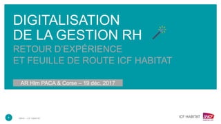 DRHC – ICF HABITAT
DIGITALISATION
DE LA GESTION RH
RETOUR D’EXPÉRIENCE
ET FEUILLE DE ROUTE ICF HABITAT
1
AR Hlm PACA & Corse – 19 déc. 2017
 