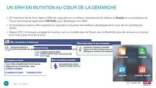 DRHC – ICF HABITAT10
UN SIRH EN MUTATION AU CŒUR DE LA DÉMARCHE
+ ICF Habitat a fait le choix depuis 2006 de s’appuyer sur un éditeur international de référence (Oracle) et un prestataire de
Tierce maintenance applicative (HR Path) pour développer son SIRH
+ Un prestataire externe offre expertise et capacité à mutualiser les meilleurs développements issus de son portefeuille
clients
+ Depuis 2017, le Groupe a engagé la mutation vers un modèle dans le Cloud, avec la flexibilité (plus de serveurs ou licence)
et la mise à jour tous les 6 mois
 