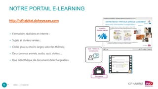 –
NOTRE PORTAIL E-LEARNING
http://icfhabitat.dokeosaas.com
+ Formations réalisées en interne ;
+ Sujets et durées variées ;
+ Cibles plus ou moins larges selon les thèmes ;
+ Des contenus animés, audio, quiz, vidéos…;
+ Une bibliothèque de documents téléchargeables.
13 DRHC – ICF HABITAT
 