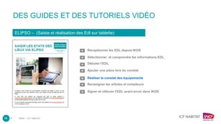 –
DES GUIDES ET DES TUTORIELS VIDÉO
Réceptionner les EDL depuis IKOS
ELIPSO – (Saisie et réalisation des Edl sur tablette)
Sélectionner et comprendre les informations EDL
Ajouter une pièce lors du constat
Réaliser le constat des équipements
Débuter l’EDL
Renseigner les articles et compteurs
Signer et clôturer l’EDL avant envoi dans IKOS
15 DRHC – ICF HABITAT
 