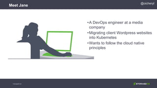@oicheryl
Meet Jane
•A DevOps engineer at a media
company
•Migrating client Wordpress websites
into Kubernetes
•Wants to follow the cloud native
principles
© StorageOS Ltd.
 