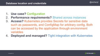 Database location and credentials
© StorageOS Ltd.
@oicheryl
1. Use case? Configuration
2. Performance requirements? Shared across instances
3. Access? Kubernetes provides Secrets for sensitive data
such as passwords, and ConfigMap for arbitrary config. Both
can be accessed by the application through environment
variables
4. Deployed and managed? Tight integration with Kubernetes
 