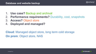 Database and website backup
© StorageOS Ltd.
@oicheryl
1. Use case? Backup and archival
2. Performance requirements? Durability, cost, snapshots
3. Access? Object store
4. Deployed and managed?
Cloud: Managed object store, long term cold storage
On prem: Object store, NAS
 