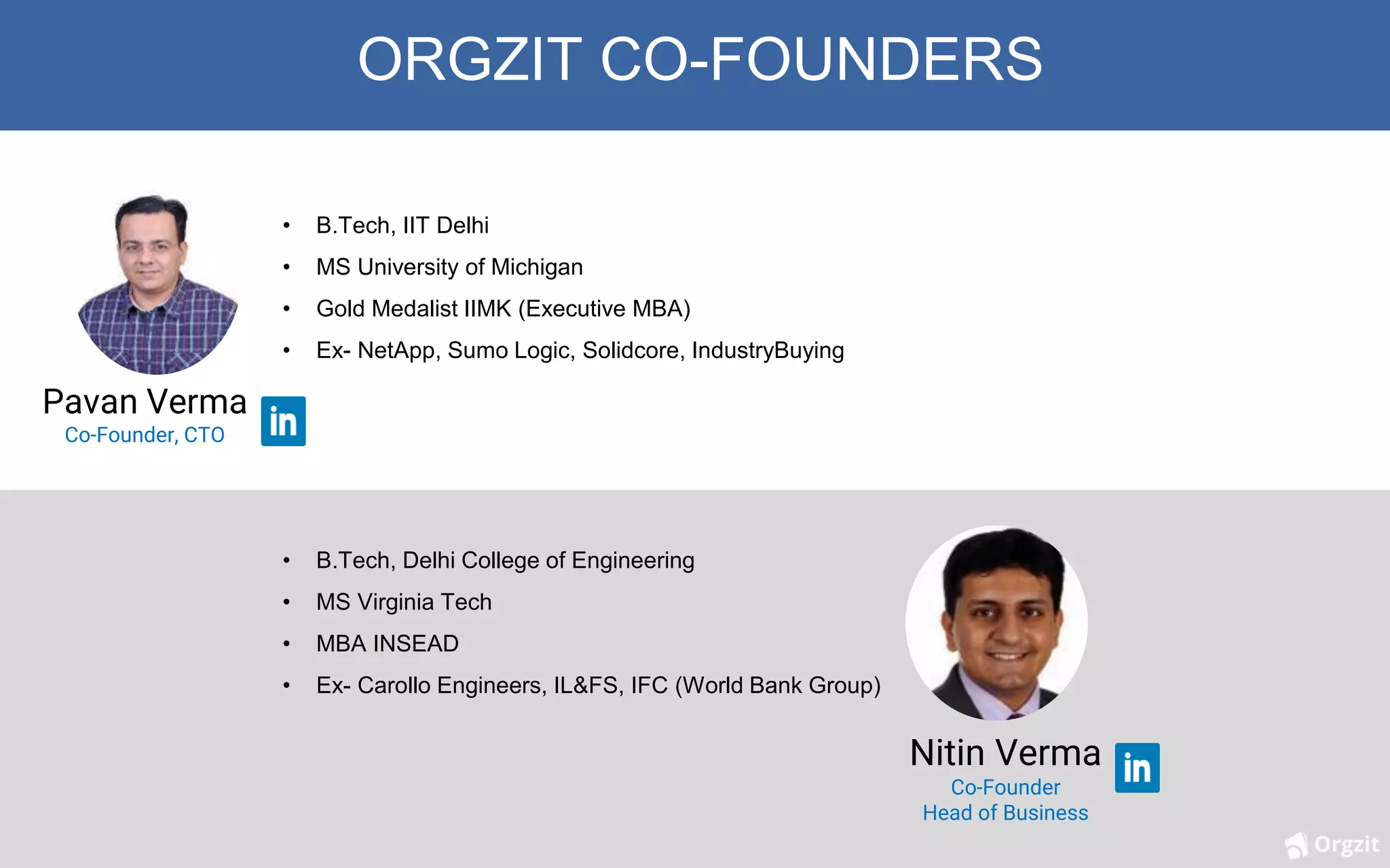 22
ORGZIT CO-FOUNDERS
Nitin Verma
Co-Founder
Head of Business
• B.Tech, Delhi College of Engineering
• MS Virginia Tech
• MBA INSEAD
• Ex- Carollo Engineers, IL&FS, IFC (World Bank Group)
• B.Tech, IIT Delhi
• MS University of Michigan
• Gold Medalist IIMK (Executive MBA)
• Ex- NetApp, Sumo Logic, Solidcore, IndustryBuying
Pavan Verma
Co-Founder, CTO
 