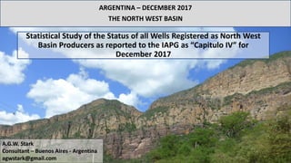 Statistical Study of the Status of all Wells Registered as North West
Basin Producers as reported to the IAPG as “Capitulo IV” for
December 2017
ARGENTINA – DECEMBER 2017
THE NORTH WEST BASIN
A.G.W. Stark
Consultant – Buenos Aires - Argentina
agwstark@gmail.com
 