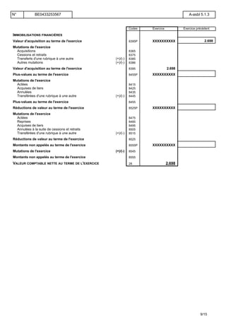 Codes Exercice Exercice précédent
IMMOBILISATIONS FINANCIÈRES
Valeur d'acquisition au terme de l'exercice 8395P XXXXXXXXXX 2.698
Mutations de l'exercice
Acquisitions 8365
Cessions et retraits 8375
Transferts d'une rubrique à une autre (+)/(-) 8385
Autres mutations (+)/(-) 8386
Valeur d'acquisition au terme de l'exercice 8395 2.698
Plus-values au terme de l'exercice 8455P XXXXXXXXXX
Mutations de l'exercice
Actées 8415
Acquises de tiers 8425
Annulées 8435
Transférées d'une rubrique à une autre (+)/(-) 8445
Plus-values au terme de l'exercice 8455
Réductions de valeur au terme de l'exercice 8525P XXXXXXXXXX
Mutations de l'exercice
Actées 8475
Reprises 8485
Acquises de tiers 8495
Annulées à la suite de cessions et retraits 8505
Transférées d'une rubrique à une autre (+)/(-) 8515
Réductions de valeur au terme de l'exercice 8525
Montants non appelés au terme de l'exercice 8555P XXXXXXXXXX
Mutations de l'exercice (+)/(-) 8545
Montants non appelés au terme de l'exercice 8555
VALEUR COMPTABLE NETTE AU TERME DE L'EXERCICE 28 2.698
N° BE0433253567 A-asbl 5.1.3
9/15
 