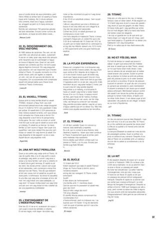 10
que si li podia donar els seus prismàtics, però
Henry Wilde va arribar tard i el vaixell ja s’havia
topat amb l’iceberg. Als 5 minuts estaven
tots corrents, tirant-se a l’aigua, suïcidant-
se, amagant-se però no hi havia remei per
sobreviure.
Només van sobreviure 750 persones gràcies
als bots salvavides. Encara corren rumors de
que abans, va topar-se amb altres coses...
_Nexus Lord
22. EL DESCOBRIMENT DEL
VIOLÍ HISTÒRIC
Al 1985 estava de vacances. Per cert, em dic
Jack Will i sóc aficionat als velers. Justament
hi era en un veler, quan vaig veure dos senyors
amb neoprens que es submergien a l’aigua
en busca d’alguna cosa. Quan en van sortir
estaven tan contents que fins i tot se’ls queia
alguna llàgrima d’emoció. Els vaig preguntar
què passava i em van respondre que s’havien
trobat el Titanic. En aquells moments no m’ho
podia creure, però van agafar un objecte,
un violí, i em van dir que era del director de
l’orquestra. Em va sorprendre molt contemplar
aquell violí perquè sabia que s’havia tocat
mentre el Titanic s’enfonsava.
_Lascufi
23. EL VAIXELL TITANIC
Estava amb la meva família dinant al vaixell
TITANIC. Anàvem a New York i era molt
emocionant perquè era el seu viatge inaugural.
Era el 14 d’abril el 1912 i ens quedaven 3 dies
per arribar. Al vaixell érem 2.224 persones en
total. Estava acabant la tarda, com que estava
molt cansada me n’havia anat a dormir. Em
vaig despertar a les 8 de la nit perquè tenia
molta gana. De cop i volta va sonar un soroll
molt fort que va ser que el vaixell va xocar amb
un iceberg. El vaixell es va trencar i la meva
família i jo vam caure a l’aigua. Vam pujar a la
superfície i vam anar nedant fins que ens vam
trobar un vaixell. Em vaig dormir al vaixell. Em
vaig despertar el dia següent i ja era a casa.
Aquell dia em vaig espantar molt.
_Agarrido
24. UNA NIT MOLT PERILLOSA
Quan jo era petita vaig viatjar amb el Titanic. Al
cap de quatre dies, a la nit vaig sortir a veure
el paisatge, vaig sentir un soroll i vaig anar a
avisar a la meva família i vam anar a coberta on
hi havia tota la gent nerviosa. El capità va dir
els nens i les dones primer. Llavors vam pujar
al bot salvavides i vam començar a remar fins
allunyar-nos del Titanic. Tots els que estàvem
al bot vam veure com el vaixell es va partir en
dues parts i s’enfonsava. Va donar la casualitat,
fa uns dies que vaig anar a bussejar al fons del
mar i em vaig trobar una caixa platejada. La
vaig obrir i hi havien moltes joies! Les vaig mirar
una per una i em vaig trobar el meu collaret! Va
ser una experiència inoblidable!
_Iremar
25. L’ENFONSAMENT DE
L’INDESTRUCTIBLE
Eren les 23:10 de la nit, acabàvem de sopar, i
vam pujar a veure les estrelles a coberta.
El cel era negre, molt negre i de sobte vaig
notar un lleu moviment al qual no li vaig donar
importància.
A les 23:40 un suboficial cridava - hem xocat! -
hem xocat!
I allà em vaig adonar que anar a Amèrica en
busca d’una vida millor era com ofegar-te al
mig del mar sense bot salvavides.
Corrien les 23:52, el vaixell gronxava i ja
començava a cruixir molt.
Una hora després el majestuós Titanic s’anava
carregant d’aigua per un costat fins que a les
2:20 de la matinada del 15 d’abril del 1912 es
va partir per la meitat destruint-lo i enfonsant-lo
al mig del mar Atlàntic deixant uns 1515 morts
y 709 supervivents amb una gran història per
explicar.
_Eneri
26. LA PITJOR EXPERIÈNCIA
Estava sol, congelant-me i a la llunyania vaig
veure una família d’ossos polars, els vaig veure
quan sortia el Sol, després de la tràgica nit.
Jo hi era tocant música quan de sobte vaig
veure que l’aigua anava pujant mica en mica,
estava molt nerviós. Volia morir fent el que més
m’agradava però no va ser així, vaig sortir d’allà
tremolant de por, vaig estar nedant 2 hores, per
la qual cosa em vaig quedar esgotat.
Vaig arribar a un iceberg, a la llunyania hi
havia un vaixell i vaig tornar a nedar traient
forces d’on no n’hi havia, m’estava morint
de fred, però havia de fer l’esforç d’arribar,
afortunadament em van veure, van fer mitja
volta, van llençar la corda em van rescatar.
Vaig prendre xocolata calenta i vaig fer un bany
d’aigua calenta que em va deixar nou. Mai més
voldria viure aquella experiència tan terrorífica.
_Guti
27. EL TITANIC II
Un dit típic castellà: Quien no conoce su
historia, está destinado a repetirla.
És a dir, qui no coneix la seva història, està
destinat a repetir-la, i diuen que volen construir
el Titanic II exactament igual al primer, però
amb materials més resistents!
Doncs desitjo que tothom coneixi què li va
passar al Titanic, o jo no pujo. Encara que
també pugi Kate Winslet.
Fi
_M.A.D.
28. EL BUCLE
12 d’abril del 1912:
Estem esperant que salpi el vaixell (Titanic)!
Vinga, és l’hora d’anar a dormir, que a
l’endemà estarem
enmig del mar navegant. El Titanic s’està
enfonsant!!
Auxili!!
9 dies abans de l’enfonsament:
Una família amb 11 membres diuen:
Què bé que ens ho passarem al vaixell més
gran del món!!
Serà el millor viatge del món!!
100 anys després:
El científic Murray estava comprovant les
coordenades d’on
s’havia enfonsat, però no trobaven res. I se
suposa que n’hi havien 15 kg de diamants.
I això és quan et penses que te’n vas a les
millors vacances.
_El mejor
29. TITANIC
Hola sóc un orfe que no tinc res, ni menjar,
tampoc casa on estar calent. Al dia següent un
10 d’abril vaig anar al port a veure els vaixells i
vaig veure un que era gegant, es deia Titanic.
Hi havia molta gent i vaig aprofitar per entrar.
Era tot molt elegant. Mai a la meva vida havia
vist tantes coses tan elegants.
I de cop un guàrdia em va dir que amb qui
havia vingut i jo li vaig dir que am ningú, però
que havia pagat jo. El guàrdia em va deixar una
habitación i em vaig tranquilitzar.
Però jo no sabia que el meu destí estava allà.
_El Coco
30. NO ET FIÏS DEL MAR
Fa molt de temps un vaixell que anava a
salpar i la gent que estava fent les maletes
per anar al vaixell que es deia Titanic, anava
un noi que havia robat molts diners i creia
que es salvaria de ser arrestat però al mateix
vaixell anaven dos policies. Durant el primer
dia va intentar no trobar-se amb els policies,
però els policies sí però no el volien arrestar
per portar-lo a la policia. El tercer dia estaven
buscant el camarot i al quart dia van a trucar-lo
al camarot per arrrestar-lo, però mentrestant
hi anaven a arrestar-lo van veure que el vaixell
estava enfonsant. Mentrestant estaven sortint
del vaixell li van tancar les portes als policies
perquè no tenien molts diners, el lladre com
va robar molts diners i li van deixar pujar al bot
salvavides i els policies es van ofegar i el lladre
es va morir d’hipotèrmia.
_cr7
31. TITANIC
Un dia una senyora que es deia Elisabeth, i que
era molt rica i li va dir a la seva filla: “El Titanic
és un lloc perfecte per guardar les seves joies”.
La filla es va quedar a la mansió amb tots els
majordoms.
La senyora Elisabeth al vaixell se’n reia de tots
els passatgers pobres. Quan va arribar a la
proa on estava el seu camarot. Després d’uns
dies el Titanic es va estrellar amb un iceberg i
avui en dia no saben si va sobreviure o es va
enfonsar.
_f.c.p.
32. LA NIT
El dia següent després de sopar se’n va anar
a dormir a l’habitació 1999. Es va llevar a les
3:30h de la matinada i no es va adormir més i
va anar a donar un passeig pel vaixell.
Va notar les turbulències i va saltar l’alarma
d’emergències i tots els nois i noies que
hi havia es van llevar. El capità va dir que
no passava res perquè tothom estiguessin
tranquils. Després el capità es va adonar que
era veritat que s’estava enfonsant i va voler
llençar les bengales d’emergència. Després va
arribar el borron 1998 que navegava per allà a
prop, però només va salvar les vides a alguns
rics que anaven amb les barquetes salvavides.
Desgraciadament l’altra gent es van enfonsar al
mig de l’oceà.
_jng15
 