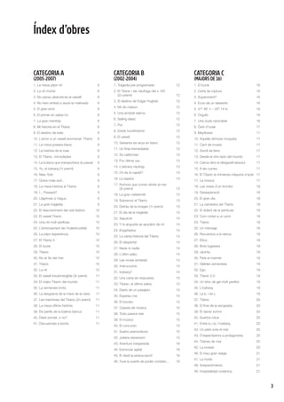 3
CATEGORIA A
(2005-2007)
1. La meva pitjor nit 8
2. La nit mortal 8
3. No penso abandonar el vaixell! 8
4. No hem arribat a veure la matinada 8
5. El gran error 8
6. El primer en saber-ho 8
7. La gran mentida 8
8. Mi historia en el Titanic 8
9. El destino de kate 8
10. L’amor a un vaixell anomenat: Titanic 8
11. La meva polsera blava 9
12. La història de la rose 9
13. El Titanic, microdades 9
14. La butaca que transportava al passat 9
15. Yo, el iceberg (1r premi) 9
16. New York 9
17. Quina mala sort... 9
18. La meva història al Titanic 9
19. I... Passarà? 9
20. Llàgrimes a l’aigua 9
21. La gran tragèdia 9
22. El descobriment del violí històric 10
23. El vaixell Titanic 10
24. Una nit molt perillosa 10
25. L’enfonsament de l’indestructible 10
26. La pitjor experiència 10
27. El Titanic II 10
28. El bucle 10
29. Titanic 10
30. No et fiïs del mar 10
31. Titanic 10
32. La nit 10
33. El vaixell insubmergible (3r premi) 11
34. El mejor Titanic del mundo 11
35. La xemeneia tonta 11
36. La desgràcia de la mare de la clara 11
37. Les memòries del Titanic (2n premi) 11
38. La meva última història 11
39. Els perills de la balena blanca 11
40. Destí somiat, o no? 11
41. Discusiones a bordo 11
CATEGORIA B
(2002-2004)
1. Tragedia pre programada 12
2. El Titanic i els nàufrags del s. XXI
(2n premi) 12
3. El destino de Edgar Hughes 12
4. Nit de malson 12
5. Una amistat eterna 12
6. Sailing dead 12
7. Por 12
8. Doble hundimiento 12
9. El vaixell 12
10. Seixanta-sis anys en blanc 12
11. Un final irremediable 12
12. Ss californian 13
13. Por última vez 13
14. L’estrany nàufrag 13
15. On és el capità? 13
16. La espera 13
17. Rumors que corren dintre al mar
(3r premi) 13
18. La gran catástrofe 13
19. Sobrevivir al Titanic 13
20. Detrás de la imagen (1r premi) 13
21. El dia de la tragèdia 14
22. Sepulcre 14
23. Y la angustia se apoderó de mí 14
24. Engañados 14
25. La cierta historia del Titanic 14
26. El despertar 14
27. Nada ni nadie 14
28. L’últim adéu 14
29. Les noves amistats 14
30. Instruccions 14
31. Iceberg? 14
32. Una carta sin respuesta 15
33. Titanic: el último adiós 15
34. Diario de un pasajero 15
35. Espereu-me 15
36. El boceto 15
37. Caixeta de música 15
38. Todo parece real 15
39. El músico 15
40. El concurso 15
41. Sueño premonitorio 15
42. Juliana stevenson 15
43. Aventura inesperada 16
44. Esmorzar agitat 16
45. El destí ja estava escrit 16
46. Tuve la suerte de poder contarlo... 16
CATEGORIA C
(MAJORS DE 16)
1. El bucle 16
2. Carta de ruptura 16
3. Supervivent? 16
4. Ecos de un desastre 16
5. 41º 46’ n – 50º 14’w 16
6. Orgullo 16
7. Una duda razonable 16
8. Òxid d’oceà 17
9. Mayflower 17
10. Aquella dichosa moqueta 17
11. Cant de muses 17
12. Soroll de ferro 17
13. Desde el otro lado del mundo 17
14. Calma dins el desgavell absolut 17
15. A les cuines 17
16. El Titanic la immensa màquina d’acer 17
17. La mosca 17
18. Les notes d’un trombó 18
19. Desesperació 18
20. El gran dia 18
21. La camarera del Titanic 18
22. El dolent de la pel·lícula 18
23. Com cridar a un sord 18
24. Titanic 18
25. Un mensaje 18
26. Recuerdos a la deriva 18
27. Ètica 19
28. Bots fugissers 19
29. Jacinta 19
30. Pere el mariner 19
31. Gèlides xemeneies 19
32. Ego 19
33. Titanic 2.0 19
34. Un bloc de gel molt perillós 19
35. L’iceberg 19
36. La b. I en j. 19
37. Titánic 20
38. El final de la escapada 20
39. El darrer somni 20
40. Sueños rotos 20
41. Entre tu i jo, l’iceberg 20
42. Un petó sota el mar 20
43. D’espectadora a protagonista 20
44. Titanes de mar 20
45. La invasió 20
46. El meu gran viatge 21
47. La huida 21
48. Arrepentimiento 21
49. Hospitalidad oceánica 21
Índex d’obres
 