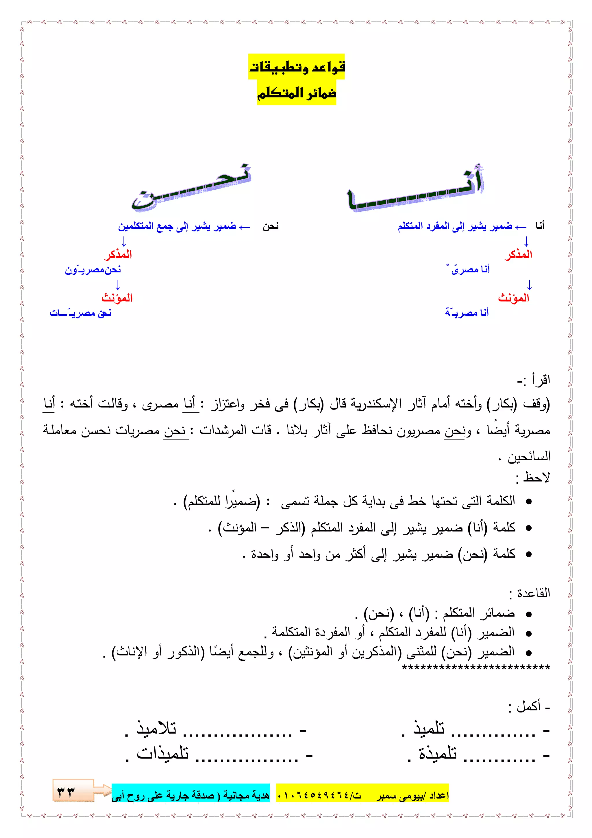 ‫اﻋﺪاد‬/‫ﺳﻤﺒﺮ‬ ‫ﺑﯿﻮﻣﻰ‬‫ت‬/٠١٠٦٤٥٤٩٤٦٤‫ﻣﺠﺎﻧﯿﺔ‬ ‫ھﺪﯾﺔ‬)‫أ‬ ‫روح‬ ‫ﻋﻠﻰ‬ ‫ﺟﺎرﯾﺔ‬ ‫ﺻﺪﻗﺔ‬‫ﺑﻰ‬٣٣
 
 
‫أﻧﺎ‬←‫اﻟﻤﺘﻜﻠﻢ‬ ‫اﻟﻤﻔﺮد‬ ‫إﻟﻰ‬ ‫ﯾﺸﯿﺮ‬ ‫ﺿﻤﯿﺮ‬‫ﻧﺤﻦ‬←‫اﻟﻤﺘﻜﻠﻤﯿﻦ‬ ‫ﺟﻤﻊ‬ ‫إﻟﻰ‬ ‫ﯾﺸﯿﺮ‬ ‫ﺿﻤﯿﺮ‬
↓↓
‫اﻟﻤﺬﻛﺮ‬‫اﻟﻤﺬﻛﺮ‬
‫ﻧﺤﻦ‬ ٌ ّ‫ﻣﺼﺮى‬ ‫أﻧﺎ‬‫ّﻮن‬ ‫ﻣﺼﺮﯾـ‬
↓↓
‫اﻟﻤﺆﻧﺚ‬ ‫اﻟﻤﺆﻧﺚ‬
‫ﻧﺤ‬ ‫ّﺔ‬ ‫ﻣﺼﺮﯾـ‬ ‫أﻧﺎ‬‫ّـــﺎت‬ ‫ﻣﺼﺮﯾـ‬ ‫ﻦ‬ 
 
 
‫اﻗرأ‬:-
)‫وﻗف‬)‫ﺑﻛﺎر‬(‫ﻗﺎل‬ ‫ﯾﺔ‬‫ر‬‫اﻹﺳﻛﻧد‬ ‫آﺛﺎر‬ ‫أﻣﺎم‬ ‫أﺧﺗﻪ‬‫و‬)‫ﺑﻛﺎر‬(‫از‬‫ز‬‫اﻋﺗ‬‫و‬ ‫ﻓﺧر‬ ‫ﻓﻰ‬:‫ـﺎ‬‫ﻧ‬‫أ‬‫ـ‬‫ﺗ‬‫أﺧ‬ ‫ـت‬‫ﻟ‬‫وﻗﺎ‬ ، ‫ى‬‫ـر‬‫ﺻ‬‫ﻣ‬‫ﻪ‬:‫ـﺎ‬‫ﻧ‬‫أ‬
‫و‬ ، ‫ﺎ‬ ً‫أﯾﺿ‬ ‫ﯾﺔ‬‫ر‬‫ﻣﺻ‬‫ﻧﺣن‬‫ﺑﻼﻧﺎ‬ ‫آﺛﺎر‬ ‫ﻋﻠﻰ‬ ‫ﻧﺣﺎﻓظ‬ ‫ﯾون‬‫ر‬‫ﻣﺻ‬.‫اﻟﻣرﺷدات‬ ‫ﻗﺎت‬:‫ﻧﺣن‬‫ـﺔ‬‫ﻠ‬‫ﻣﻌﺎﻣ‬ ‫ﻧﺣﺳن‬ ‫ﯾﺎت‬‫ر‬‫ﻣﺻ‬
‫اﻟﺳﺎﺋﺣﯾن‬.
‫ﻻﺣظ‬:
‫ﺗﺳﻣﻰ‬ ‫ﺟﻣﻠﺔ‬ ‫ﻛل‬ ‫ﺑداﯾﺔ‬ ‫ﻓﻰ‬ ‫ﺧط‬ ‫ﺗﺣﺗﻬﺎ‬ ‫اﻟﺗﻰ‬ ‫اﻟﻛﻠﻣﺔ‬) :‫ﻟﻠﻣﺗﻛﻠم‬ ‫ا‬ ً‫ﺿﻣﯾر‬. (
‫ﻛﻠﻣﺔ‬)‫أﻧﺎ‬(‫اﻟﻣﺗﻛﻠم‬ ‫اﻟﻣﻔرد‬ ‫إﻟﻰ‬ ‫ﯾﺷﯾر‬ ‫ﺿﻣﯾر‬)‫اﻟذﻛر‬–‫اﻟﻣؤﻧث‬. (
‫ﻛﻠﻣﺔ‬)‫ﻧﺣن‬(‫ﯾﺷﯾ‬ ‫ﺿﻣﯾر‬‫اﺣدة‬‫و‬ ‫أو‬ ‫اﺣد‬‫و‬ ‫ﻣن‬ ‫أﻛﺛر‬ ‫إﻟﻰ‬ ‫ر‬.
‫اﻟﻘﺎﻋدة‬:
‫اﻟﻣﺗﻛﻠم‬ ‫ﺿﻣﺎﺋر‬) :‫أﻧﺎ‬(،)‫ﻧﺣن‬. (
‫اﻟﺿﻣﯾر‬)‫أﻧﺎ‬(‫اﻟﻣﺗﻛﻠﻣﺔ‬ ‫اﻟﻣﻔردة‬ ‫أو‬ ، ‫اﻟﻣﺗﻛﻠم‬ ‫ﻟﻠﻣﻔرد‬.
‫اﻟﺿﻣﯾر‬)‫ﻧﺣن‬(‫ﻟﻠﻣﺛﻧﻰ‬)‫اﻟﻣؤﻧﺛﯾن‬ ‫أو‬ ‫اﻟﻣذﻛرﯾن‬(‫ًﺎ‬‫ﺿ‬‫أﯾ‬ ‫وﻟﻠﺟﻣﻊ‬ ،)‫اﻹﻧﺎث‬ ‫أو‬ ‫اﻟذﻛور‬. (
************************
-‫أﻛﻣل‬:
-..............‫ﺗﻠﻣﯾذ‬.-..................‫ﺗﻼﻣﯾذ‬.
-............‫ﺗﻠﻣﯾذة‬.-.................‫ﺗﻠﻣﯾذات‬.
 