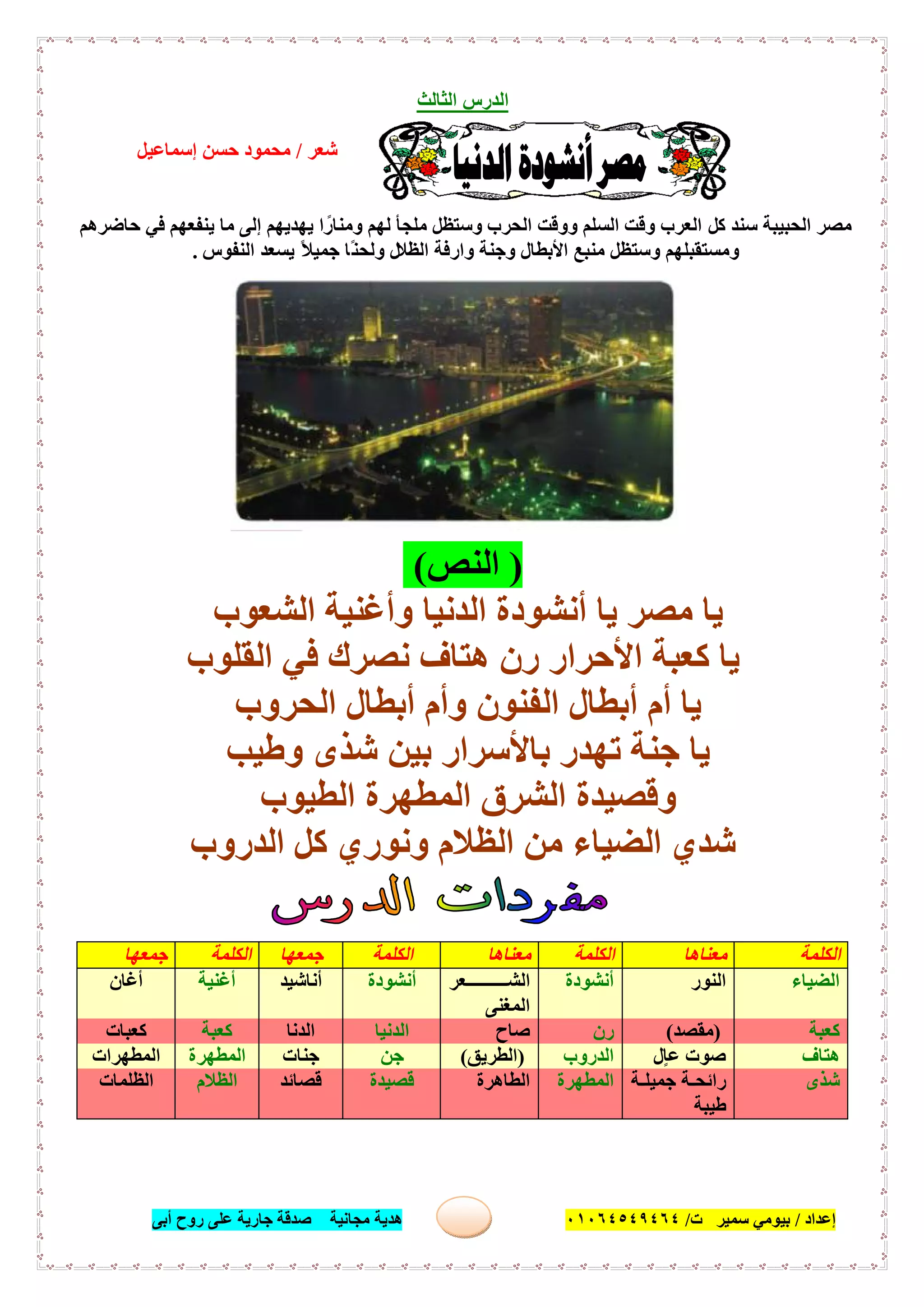 ‫إﻋﺪاد‬/‫ﺑﯿﻮﻣﻲ‬‫ت‬ ‫ﺳﻤﯿﺮ‬/٠١٠٦٤٥٤٩٤٦٤‫أﺑﻰ‬ ‫روح‬ ‫ﻋﻠﻰ‬ ‫ﺟﺎرﯾﺔ‬ ‫ﺻﺪﻗﺔ‬ ‫ﻣﺠﺎﻧﯿﺔ‬ ‫ھﺪﯾﺔ‬ ١٨
‫اﻟ‬ ‫اﻟﺪرس‬‫ﺜﺎﻟﺚ‬
‫ﺷﻌﺮ‬/‫إﺳﻤﺎﻋﯿﻞ‬ ‫ﺣﺴﻦ‬ ‫ﻣﺤﻤﻮد‬
‫ﻣﻘﺪﻣﺔ‬:
‫ﻛﻞ‬ ‫ﺳﻨﺪ‬ ‫اﻟﺤﺒﯿﺒﺔ‬ ‫ﻣﺼﺮ‬‫ﺣﺎﺿﺮھﻢ‬ ‫ﻓﻲ‬ ‫ﯾﻨﻔﻌﮭﻢ‬ ‫ﻣﺎ‬ ‫إﻟﻰ‬ ‫ﯾﮭﺪﯾﮭﻢ‬ ‫ا‬ً‫وﻣﻨﺎر‬ ‫ﻟﮭﻢ‬ ‫ﻣﻠﺠﺄ‬ ‫وﺳﺘﻈﻞ‬ ‫اﻟﺤﺮب‬ ‫ووﻗﺖ‬ ‫اﻟﺴﻠﻢ‬ ‫وﻗﺖ‬ ‫اﻟﻌﺮب‬
‫اﻟﻈﻼ‬ ‫وارﻓﺔ‬ ‫وﺟﻨﺔ‬ ‫اﻷﺑﻄﺎل‬ ‫ﻣﻨﺒﻊ‬ ‫وﺳﺘﻈﻞ‬ ‫وﻣﺴﺘﻘﺒﻠﮭﻢ‬‫اﻟﻨﻔﻮس‬ ‫ﯾﺴﻌﺪ‬ ً‫ﻼ‬‫ﺟﻤﯿ‬ ‫ًﺎ‬‫ﻨ‬‫وﻟﺤ‬ ‫ل‬.
)‫اﻟﻨﺺ‬(
‫أﻧﺸﻮدة‬ ‫ﯾﺎ‬ ‫ﻣﺼﺮ‬ ‫ﯾﺎ‬‫اﻟﺸﻌﻮب‬ ‫وأﻏﻨﯿﺔ‬ ‫اﻟﺪﻧﯿﺎ‬
‫اﻟﻘﻠﻮب‬ ‫ﻓﻲ‬ ‫ﻧﺼﺮك‬ ‫ھﺘﺎف‬ ‫رن‬ ‫اﻷﺣﺮار‬ ‫ﻛﻌﺒﺔ‬ ‫ﯾﺎ‬
‫اﻟﺤﺮوب‬ ‫أﺑﻄﺎل‬ ‫وأم‬ ‫اﻟﻔﻨﻮن‬ ‫أﺑﻄﺎل‬ ‫أم‬ ‫ﯾﺎ‬
‫ﺗﮭﺪر‬ ‫ﺟﻨﺔ‬ ‫ﯾﺎ‬‫وطﯿﺐ‬ ‫ﺷﺬى‬ ‫ﺑﯿﻦ‬ ‫ﺑﺎﻷﺳﺮار‬
‫اﻟﻄﯿﻮب‬ ‫اﻟﻤﻄﮭﺮة‬ ‫اﻟﺸﺮق‬ ‫وﻗﺼﯿﺪة‬
‫ﻛﻞ‬ ‫وﻧﻮري‬ ‫اﻟﻈﻼم‬ ‫ﻣﻦ‬ ‫اﻟﻀﯿﺎء‬ ‫ﺷﺪي‬‫اﻟﺪروب‬
‫اﻟﻜﻠﻤﺔ‬‫ﻣﻌﻨﺎھﺎ‬‫اﻟﻜﻠﻤﺔ‬‫ﻣﻌﻨﺎھﺎ‬‫اﻟﻜﻠﻤﺔ‬‫ﺟﻤﻌﮭﺎ‬‫اﻟﻜﻠﻤﺔ‬‫ﺟﻤﻌﮭﺎ‬
‫اﻟﻀﯿﺎء‬‫ا‬‫ﻟﻨﻮر‬‫أﻧﺸﻮدة‬‫ﻌﺮ‬ ‫اﻟﺸ‬
‫اﻟﻤﻐﻨﻰ‬
‫أﻧﺸﻮدة‬‫أﻧﺎﺷﯿﺪ‬‫أﻏﻨﯿﺔ‬‫أﻏﺎن‬
‫ﻛﻌﺒﺔ‬)‫ﻣﻘﺼﺪ‬(‫رن‬‫ﺻﺎح‬‫اﻟﺪﻧﯿﺎ‬‫اﻟﺪﻧﺎ‬‫ﻛﻌﺒﺔ‬‫ﻛﻌﺒﺎت‬
‫ھﺘﺎف‬‫ٍل‬‫ﺎ‬‫ﻋ‬ ‫ﺻﻮت‬‫اﻟﺪروب‬)‫اﻟﻄﺮﯾﻖ‬(‫ﺟﻦ‬‫ﺟﻨﺎت‬‫اﻟﻤﻄﮭﺮة‬‫اﻟﻤﻄﮭﺮات‬
‫ﺷﺬى‬‫ﺔ‬ ‫ﺟﻤﯿﻠ‬ ‫ﺔ‬ ‫راﺋﺤ‬
‫طﯿﺒﺔ‬
‫اﻟﻤﻄﮭﺮة‬‫اﻟﻄﺎھﺮة‬‫ﻗﺼﯿﺪة‬‫ﻗﺼﺎﺋﺪ‬‫اﻟﻈﻼم‬‫اﻟﻈﻠﻤﺎت‬
 