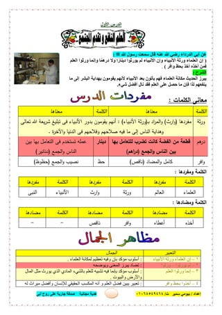 ‫إﻋﺪاد‬/‫ﺑﯿﻮﻣﻲ‬‫ت‬ ‫ﺳﻤﯿﺮ‬/٠١٠٦٤٥٤٩٤٦٤‫أﺑﻰ‬ ‫روح‬ ‫ﻋﻠﻰ‬ ‫ﺟﺎرﯾﺔ‬ ‫ﺻﺪﻗﺔ‬ ‫ﻣﺠﺎﻧﯿﺔ‬ ‫ھﺪﯾﺔ‬ ٢٥
‫ا‬‫اﻷول‬ ‫ﻟﺪرس‬
‫ﷺ‬ ‫ﷲ‬ ‫رﺳﻮل‬ ‫ﺳﻤﻌﺖ‬ ‫ﻗﺎل‬ ‫ﻋﻨﮫ‬ ‫ﷲ‬ ‫رﺿﻲ‬ ‫اﻟﺪرداء‬ ‫أﺑﻲ‬ ‫ﻋﻦ‬:
)‫وﻻ‬ ‫ا‬ً‫دﯾﻨﺎر‬ ‫ﯾﻮرﺛﻮا‬ ‫ﻟﻢ‬ ‫اﻷﻧﺒﯿﺎء‬ ‫وإن‬ ‫اﻷﻧﺒﯿﺎء‬ ‫ورﺛﺔ‬ ‫اﻟﻌﻠﻤﺎء‬ ‫إن‬‫اﻟﻌﻠﻢ‬ ‫ورﺛﻮا‬ ‫وإﻧﻤﺎ‬ ‫ﺎ‬ً‫درھﻤ‬
‫واﻓﺮ‬ ‫ﺑﺤﻆ‬ ‫أﺧﺬ‬ ‫أﺧﺬه‬ ‫ﻓﻤﻦ‬(.
‫اﻟﺸﺮح‬:
‫ﻣﺎ‬ ‫إﻟﻰ‬ ‫اﻟﺒﺸﺮ‬ ‫ﺑﮭﺪاﯾﺔ‬ ‫ﯾﻘﻮﻣﻮن‬ ‫ﻷﻧﮭﻢ‬ ‫اﻷﻧﺒﯿﺎء‬ ‫ﺑﻌﺪ‬ ‫ﯾﺄﺗﻮن‬ ‫ﻓﮭﻢ‬ ‫اﻟﻌﻠﻤﺎء‬ ‫ﻣﻜﺎﻧﺔ‬ ‫اﻟﺤﺪﯾﺚ‬ ‫ﯾﺒﺮز‬
‫ﺷﻲء‬ ‫أﻓﻀﻞ‬ ‫ﻧﺎل‬ ‫ﻓﻘﺪ‬ ‫اﻟﻌﻠﻢ‬ ‫ﻋﻠﻰ‬ ‫ﺣﺼﻞ‬ ‫ﻣﺎ‬ ‫ﻓﺈن‬ ‫ﻟﺬا‬ ‫ﯾﻨﻔﻌﮭﻢ‬.
‫اﻟﻛﻠﻣﺎت‬ ‫ﻣﻌﺎﻧﻰ‬:
‫اﻟﻛﻠﻣﺔ‬‫ﻣﻌﻧﺎﻫﺎ‬‫اﻟﻛﻠﻣﺔ‬‫ﻣﻌﻧﺎﻫﺎ‬
‫ﺛﺔ‬‫ر‬‫و‬‫ﻣﻔردﻫﺎ‬)‫ار‬‫و‬‫ث‬(‫ـ‬‫ﺑ‬ ‫اد‬‫ر‬‫اﻟﻣ‬‫و‬)‫اﻷﻧﺑﯾﺎء‬ ‫ﺛﺔ‬‫ر‬‫و‬: (‫ﺗﻌﺎﻟﻰ‬ ‫ﷲ‬ ‫ﯾﻌﺔ‬‫ر‬‫ﺷ‬ ‫ﺗﺑﻠﯾﻎ‬ ‫ﻓﻰ‬ ‫اﻷﻧﺑﯾﺎء‬ ‫ﺑدور‬ ‫ﯾﻘوﻣون‬ ‫أﻧﻬم‬
‫ة‬‫ر‬‫اﻵﺧ‬‫و‬ ‫اﻟدﻧﯾﺎ‬ ‫ﻓﻰ‬ ‫وﻓﻼﺣﻬم‬ ‫ﺻﻼﺣﻬم‬ ‫ﻓﯾﻪ‬ ‫ﻣﺎ‬ ‫إﻟﻰ‬ ‫اﻟﻧﺎس‬ ‫وﻫداﯾﺔ‬.
‫ﻫم‬‫در‬‫ﺑﻬﺎ‬ ‫ﻟﻠﺗﻌﺎﻣل‬ ‫ﺗﺿرب‬ ‫ﻛﺎﻧت‬ ‫اﻟﻔﺿﺔ‬ ‫ﻣن‬ ‫ﻗطﻌﺔ‬
‫اﻟﺟﻣﻊ‬‫و‬ ‫اﻟﻧﺎس‬ ‫ﺑﯾن‬)‫اﻫم‬‫ر‬‫د‬(
‫دﯾﻧﺎر‬‫ﺑﯾن‬ ‫ﺑﻬﺎ‬ ‫اﻟﺗﻌﺎﻣل‬ ‫ﻓﻰ‬ ‫ﺗﺳﺗﺧدم‬ ‫ﻋﻣﻠﻪ‬
‫اﻟﺟ‬‫و‬ ‫اﻟﻧﺎس‬‫ﻣﻊ‬)‫دﻧﺎﻧﯾر‬(
‫اﻓر‬‫و‬‫اﻟﻣﺿﺎد‬‫و‬ ‫ﻛﺎﻣل‬)‫ﻧﺎﻗص‬(‫ﺣظ‬‫اﻟﺟﻣﻊ‬‫و‬ ‫ﻧﺻﯾب‬)‫ﺣظوظ‬(
‫وﻣﻔردﻫﺎ‬ ‫اﻟﻛﻠﻣﺔ‬:
‫اﻟﻛﻠﻣﺔ‬‫ﻣﻔردﻫﺎ‬‫اﻟﻛﻠﻣﺔ‬‫ﻣﻔردﻫﺎ‬‫اﻟﻛﻠﻣﺔ‬‫ﻣﻔردﻫﺎ‬
‫اﻟﻌﻠﻣﺎء‬‫اﻟﻌﺎﻟم‬‫ﺛﺔ‬‫ر‬‫و‬‫ارث‬‫و‬‫اﻷﻧﺑﯾﺎء‬‫اﻟﻧﺑﻰ‬
‫وﻣﺿﺎدﻫﺎ‬ ‫اﻟﻛﻠﻣﺔ‬:
‫اﻟﻛﻠﻣﺔ‬‫ﻣﺿﺎدﻫﺎ‬‫اﻟﻛﻠﻣﺔ‬‫ﻣﺿﺎدﻫﺎ‬‫اﻟﻛﻠﻣﺔ‬‫ﻣﺿﺎدﻫﺎ‬
‫أﺧذﻩ‬‫أﻋطﺎﻩ‬‫اﻓر‬‫و‬‫ﻧﺎﻗص‬--
‫اﻟﺘﻌﺒﯿﺮ‬‫اﻟﺠﻤﺎل‬
١–‫اﻷﻧﺒﯿﺎء‬ ‫ورﺛﺔ‬ ‫اﻟﻌﻠﻤﺎء‬ ‫إن‬:‫اﻟﻌﻠﻤﺎء‬ ‫ﻟﻤﻜﺎﻧﺔ‬ ‫ﺗﻌﻈﯿﻢ‬ ‫وﻓﯿﮫ‬ ‫ﺑﺈن‬ ‫ﻣﺆﻛﺪ‬ ‫أﺳﻠﻮب‬.
٢–‫ﯾﻮرﺛﻮا‬ ‫ﻟﻢ‬–‫ورﺛﻮا‬:‫وﯾﻮﺿﺤﮫ‬ ‫اﻟﻤﻌﻨﻰ‬ ‫ﯾﺒﺮز‬ ‫ﺗﻀﺎد‬
٣–‫اﻟﻌﻠﻢ‬ ‫ورﺛﻮا‬ ‫إﻧﻤﺎ‬:‫ﯾ‬ ‫اﻟﺬي‬ ‫اﻟﻤﺎدي‬ ‫ﺑﺎﻟﺸﻲء‬ ‫ﻟﻠﻌﻠﻢ‬ ‫ﺗﺸﺒﯿﮫ‬ ‫ﻓﯿﮫ‬ ‫ﺑﺈﻧﻤﺎ‬ ‫ﻣﺆﻛﺪ‬ ‫أﺳﻠﻮب‬‫اﻟﻤﺎل‬ ‫ﻣﺜﻞ‬ ‫ﻮرث‬
‫واﻟﺒﯿﻮت‬ ‫واﻷرض‬.
٤–‫واﻓﺮ‬ ‫ﺑﺤﻆ‬ ‫أﺧﺬوا‬:‫ﻟﮫ‬ ‫ﻣﯿﺮاث‬ ‫وأﻓﻀﻞ‬ ‫ﻟﻺﻧﺴﺎن‬ ‫اﻟﺤﻘﯿﻘﻲ‬ ‫اﻟﻤﻜﺴﺐ‬ ‫أﻧﮫ‬ ‫و‬ ‫اﻟﻌﻠﻢ‬ ‫ﻓﻀﻞ‬ ‫ﯾﺒﯿﻦ‬ ‫ﺗﻌﺒﯿﺮ‬
 