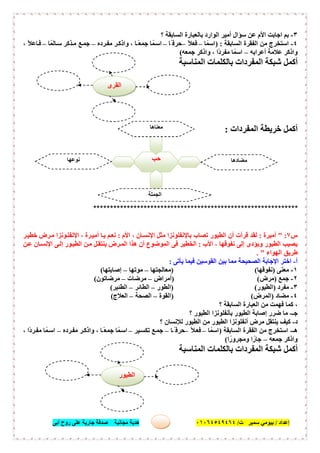 ‫إﻋﺪاد‬/‫ﺑﯿﻮﻣﻲ‬‫ت‬ ‫ﺳﻤﯿﺮ‬/٠١٠٦٤٥٤٩٤٦٤‫أﺑﻰ‬ ‫روح‬ ‫ﻋﻠﻰ‬ ‫ﺟﺎرﯾﺔ‬ ‫ﺻﺪﻗﺔ‬ ‫ﻣﺠﺎﻧﯿﺔ‬ ‫ھﺪﯾﺔ‬ ٥١
٣-‫؟‬ ‫اﻟﺴﺎﺑﻘﺔ‬ ‫ﺑﺎﻟﻌﺒﺎرة‬ ‫اﻟﻮارد‬ ‫أﻣﯿﺮ‬ ‫ﺳﺆال‬ ‫ﻋﻦ‬ ‫اﻷم‬ ‫اﺟﺎﺑﺖ‬ ‫ﺑﻢ‬
٤-‫اﻟﺴﺎﺑﻘﺔ‬ ‫اﻟﻔﻘﺮة‬ ‫ﻣﻦ‬ ‫اﺳﺘﺨﺮج‬) :‫ﺎ‬ً‫اﺳﻤ‬–ً‫ﻼ‬‫ﻓﻌ‬–‫ًﺎ‬ ‫ﺣﺮﻓ‬–‫ﺮده‬‫ﻣﻔ‬ ‫ﺮ‬‫واذﻛ‬ ، ‫ﺎ‬ ً‫ﻌ‬‫ﺟﻤ‬ ‫ﺎ‬ً‫ﻤ‬‫اﺳ‬–‫ﻊ‬‫ﺟﻤ‬‫ﺎ‬ً‫ﺎﻟﻤ‬‫ﺳ‬ ‫ﺬﻛﺮ‬‫ﻣ‬–، ً‫ﻼ‬‫ﺎﻋ‬‫ﻓ‬
‫أﻋﺮاﺑﮫ‬ ‫ﻋﻼﻣﺔ‬ ‫واذﻛﺮ‬–‫ﺟﻤﻌﮫ‬ ‫واذﻛﺮ‬ ، ‫ًا‬‫د‬‫ﻣﻔﺮ‬ ‫ﺎ‬ً‫اﺳﻤ‬(
‫اﻟﻤﻨﺎﺳﺒﺔ‬ ‫ﺑﺎﻟﻜﻠﻤﺎت‬ ‫اﻟﻤﻔﺮدات‬ ‫ﺷﺒﻜﺔ‬ ‫أﻛﻤﻞ‬
‫اﻟﻤﻔﺮدات‬ ‫ﺧﺮﯾﻄﺔ‬ ‫أﻛﻤﻞ‬:
*************************************************************
‫س‬٧" :‫أﻣﯿﺮة‬:‫ﺑﺎﻹﻧﻔ‬ ‫ﺗﺼﺎب‬ ‫اﻟﻄﯿﻮر‬ ‫أن‬ ‫ﻗﺮأت‬ ‫ﻟﻘﺪ‬‫اﻷم‬ ، ‫ﺎن‬‫اﻹﻧﺴ‬ ‫ﻣﺜﻞ‬ ‫ﻠﻮﻧﺰا‬:‫ﺮ‬‫ﺧﻄﯿ‬ ‫ﺮض‬‫ﻣ‬ ‫ﻮﻧﺰا‬‫اﻹﻧﻔﻠ‬ ، ‫ﺮة‬‫أﻣﯿ‬ ‫ﺎ‬‫ﯾ‬ ‫ﻢ‬‫ﻧﻌ‬
‫اﻷب‬ ، ‫ﻧﻔﻮﻗﮭﺎ‬ ‫إﻟﻰ‬ ‫وﯾﺆدى‬ ‫اﻟﻄﯿﻮر‬ ‫ﯾﺼﯿﺐ‬:‫ﻦ‬‫ﻋ‬ ‫ﺎن‬‫اﻹﻧﺴ‬ ‫ﻰ‬‫إﻟ‬ ‫ﻮر‬‫اﻟﻄﯿ‬ ‫ﻦ‬‫ﻣ‬ ‫ﻞ‬‫ﯾﻨﺘﻘ‬ ‫ﺮض‬‫اﻟﻤ‬ ‫ھﺬا‬ ‫أن‬ ‫اﻟﻤﻮﺿﻮع‬ ‫ﻓﻰ‬ ‫اﻟﺨﻄﯿﺮ‬
‫اﻟﮭﻮاء‬ ‫طﺮﯾﻖ‬. "
‫أ‬-‫ﯾﺄﺗﻰ‬ ‫ﻓﯿﻤﺎ‬ ‫اﻟﻘﻮﺳﯿﻦ‬ ‫ﺑﯿﻦ‬ ‫ﻣﻤﺎ‬ ‫اﻟﺼﺤﯿﺤﺔ‬ ‫اﻹﺟﺎﺑﺔ‬ ‫اﺧﺘﺮ‬:
١-‫ﻣﻌﻨﻰ‬)‫ﻧﻔﻮﻗﮭﺎ‬()‫ﻣﻌﺎﻟﺠﺘﮭﺎ‬–‫ﻣﻮﺗﮭﺎ‬–‫إﺻﺎﺑﺘﮭﺎ‬(
٢-‫ﺟﻤﻊ‬)‫ﻣﺮض‬) (‫أﻣﺮاض‬–‫ﻣﺮﺿﺎت‬–‫ﻣﺮﺿﺎﺗﻮن‬(
٣-‫ﻣﻔﺮد‬)‫اﻟﻄﯿﻮر‬) (‫اﻟﻄﻮر‬–‫اﻟﻄﺎﺋﺮ‬–‫اﻟﻄﺌﯿﺮ‬(
٤-‫ﻣﻀﺎد‬)‫اﻟﻤﺮض‬()‫اﻟﻘﻮة‬–‫اﻟﺼﺤﺔ‬–‫اﻟﻌﻼج‬(
‫؟‬ ‫اﻟﺴﺎﺑﻘﺔ‬ ‫اﻟﻌﺒﺎرة‬ ‫ﻣﻦ‬ ‫ﻓﮭﻤﺖ‬ ‫ﻛﻤﺎ‬ ،
‫ﺟـ‬-‫؟‬ ‫اﻟﻄﯿﻮر‬ ‫ﺑﺄﻧﻔﻠﻮﻧﺰا‬ ‫اﻟﻄﯿﻮر‬ ‫إﺻﺎﺑﺔ‬ ‫ﺿﺮر‬ ‫ﻣﺎ‬
‫د‬-‫؟‬ ‫ﻟﻺﻧﺴﺎن‬ ‫اﻟﻄﯿﻮر‬ ‫ﻣﻦ‬ ‫اﻟﻄﯿﻮر‬ ‫أﻧﻔﻠﻮﻧﺰا‬ ‫ﻣﺮض‬ ‫ﯾﻨﺘﻘﻞ‬ ‫ﻛﯿﻒ‬
‫ھـ‬-‫اﻟﺴﺎﺑﻘﺔ‬ ‫اﻟﻔﻘﺮة‬ ‫ﻣﻦ‬ ‫اﺳﺘﺨﺮج‬)‫ﺎ‬ً‫اﺳﻤ‬–ً‫ﻼ‬‫ﻓﻌ‬–‫ﺎ‬ ً ‫ﺣﺮﻓ‬–‫ﯿﺮ‬‫ﺗﻜﺴ‬ ‫ﻊ‬‫ﺟﻤ‬–‫ﺎ‬ ً‫ﻌ‬‫ﺟﻤ‬ ‫ﺎ‬ً‫ﻤ‬‫اﺳ‬‫ﺮده‬‫ﻣﻔ‬ ‫ﺮ‬‫واذﻛ‬ ،–، ‫ًا‬‫د‬‫ﺮ‬‫ﻣﻔ‬ ‫ﺎ‬ً‫ﻤ‬‫اﺳ‬
‫ﺟﻤﻌﮫ‬ ‫واذﻛﺮ‬–‫ا‬ً‫وﻣﺠﺮور‬ ‫ا‬ً‫ﺟﺎر‬(
‫اﻟﻤﻨﺎﺳﺒﺔ‬ ‫ﺑﺎﻟﻜﻠﻤﺎت‬ ‫اﻟﻤﻔﺮدات‬ ‫ﺷﺒﻜﺔ‬ ‫أﻛﻤﻞ‬
‫ﺣﺐ‬
‫ﻣﻌﻨﺎھﺎ‬
.........................
‫ﻣﻀﺎدھﺎ‬
.........................
‫ﻧﻮﻋﮭﺎ‬
.........................
‫اﻟﺠﻤﻠﺔ‬
......................................
‫اﻟﻘﺮى‬
‫اﻟﻄﯿﻮر‬
 