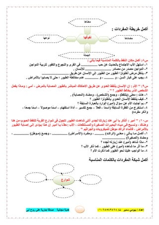 ‫إﻋﺪاد‬/‫ﺑﯿﻮﻣﻲ‬‫ت‬ ‫ﺳﻤﯿﺮ‬/٠١٠٦٤٥٤٩٤٦٤‫أﺑﻰ‬ ‫روح‬ ‫ﻋﻠﻰ‬ ‫ﺟﺎرﯾﺔ‬ ‫ﺻﺪﻗﺔ‬ ‫ﻣﺠﺎﻧﯿﺔ‬ ‫ھﺪﯾﺔ‬ ٥٢
‫اﻟﻤﻔﺮدات‬ ‫ﺧﺮﯾﻄﺔ‬ ‫أﻛﻤﻞ‬:
‫س‬٨:‫ﯾﺄﺗﻲ‬ ‫ﻓﯿﻤﺎ‬ ‫اﻟﻤﻨﺎﺳﺒﺔ‬ ‫ﺑﺎﻟﻜﻠﻤﺔ‬ ‫اﻟﻨﻘﻂ‬ ‫ﻣﻜﺎن‬ ‫أﻛﻤﻞ‬:
١-‫اﺳﺘ‬‫ﺣﺐ‬ ‫ﻋﻦ‬ ‫ﺑﺎﻟﺤﺪﯾﺚ‬ ‫اﻻﺟﺘﻤﺎع‬ ‫اﻷب‬ ‫ﮭﻞ‬.................‫اﻟﺪواﺟﻦ‬ ‫ﻟﺘﺮﺑﯿﺔ‬ ‫واﻟﻜﻔﻮر‬ ‫واﻟﻨﺠﻮع‬ ‫اﻟﻘﺮى‬ ‫ﻓﻲ‬
٢-‫ﻣﺼﺎدر‬ ‫ﻣﻦ‬ ‫ﻣﺼﺪر‬ ‫اﻟﺪواﺟﻦ‬...........................‫ﻟﻺﻧﺴﺎن‬.
٣-‫طﺮﯾﻖ‬ ‫ﻋﻦ‬ ‫اﻹﻧﺴﺎن‬ ‫إﻟﻰ‬ ‫اﻟﻄﯿﻮر‬ ‫ﻣﻦ‬ ‫اﻟﻄﯿﻮر‬ ‫أﻧﻔﻠﻮﻧﺰا‬ ‫ﻣﺮض‬ ‫ﯾﻨﺘﻘﻞ‬............................
٤-‫ﻛﺒﺎر‬ ‫ﻋﻠﻰ‬ ‫ﯾﺠﺐ‬‫و‬ ، ‫اﻟﺴﻦ‬..........‫و‬ ،..............‫ﺑﺎﻷﻣﺮاض‬ ‫ﯾﺼﺎﺑﻮا‬ ‫ﻻ‬ ‫ﺣﺘﻰ‬ ‫؛‬ ‫اﻟﻄﯿﻮر‬ ‫ﻣﺨﺎﻟﻄﺔ‬ ‫ﻋﺪم‬.
‫س‬٩" :‫اﻷم‬:‫ﻲ‬‫أﻣ‬ ، ‫ﺑﺎﻟﻤﺮض‬ ‫اﻟﻤﺼﺎﺑﺔ‬ ‫ﺑﺎﻟﻄﯿﻮر‬ ‫اﻟﻤﺒﺎﺷﺮ‬ ‫اﻻﺣﺘﻜﺎك‬ ‫طﺮﯾﻖ‬ ‫ﻋﻦ‬ ‫اﻟﻌﺪوى‬ ‫ﯾﻠﺘﻘﻂ‬ ‫اﻹﻧﺴﺎن‬ ‫إن‬:‫ﻞ‬‫ﯾﻔﻌ‬ ‫ﺎذا‬‫وﻣ‬
‫؟‬ ‫اﻟﻄﯿﻮر‬ ‫ﯾﺨﺎﻟﻂ‬ ‫اﻟﺬى‬ ‫اﻟﺸﺨﺺ‬. "
١-‫ھﺎت‬:‫ﻣﻌﻨﻰ‬)‫ﯾﻠﺘﻘﻂ‬(‫وﺟﻤﻊ‬ ،)‫اﻟﺸﺨﺺ‬(‫وﻣﻀﺎد‬ ،)‫اﻟﻤﺼﺎﺑﺔ‬. (
٢-‫؟‬ ‫اﻟﻄﯿﻮر‬ ‫ﺑﺈﻧﻔﻠﻮﻧﺰا‬ ‫اﻟﻌﺪوى‬ ‫اﻹﻧﺴﺎن‬ ‫ﯾﻠﺘﻘﻂ‬ ‫ﻛﯿﻒ‬
٣-‫ﺳﺆال‬ ‫ﻋﻦ‬ ‫اﻷم‬ ‫أﺟﺎﺑﺖ‬ ‫ﺑﻢ‬)‫أﻣﯿﺮ‬(‫؟‬ ‫اﻟﺴﺎﺑﻘﺔ‬ ‫ﺑﺎﻟﻌﺒﺎرة‬ ‫اﻟﻮارد‬
٤-‫اﻟﺴﺎﺑﻘﺔ‬ ‫اﻟﻔﻘﺮة‬ ‫ﻣﻦ‬ ‫اﺳﺘﺨﺮج‬)‫ﺎ‬ً‫اﺳﻤ‬–ً‫ﻼ‬‫ﻓﻌ‬–‫ﺗﻜﺴﯿﺮ‬ ‫ﺟﻤﻊ‬–‫اﺳﺘﻔﮭﺎم‬ ‫أداة‬–ً‫ﻻ‬‫ﻣﻮﺻﻮ‬ ‫ﺎ‬ً‫اﺳﻤ‬–، ‫ًﺎ‬‫ﻌ‬‫ﺟﻤ‬ ‫ﺎ‬ً‫اﺳﻤ‬
‫ﻣﻔﺮده‬ ‫واذﻛﺮ‬(
‫س‬١٠" :‫أﻣﯿﺮ‬:‫ھﻨﺎ‬ ‫ﻣﻦ‬ ‫اﻟﺤﺒﻮب‬ ‫ﺗﻠﺘﻘﻂ‬ ‫اﻟﻘﺮﯾﺔ‬ ‫ﺷﻮارع‬ ‫ﻓﻰ‬ ‫ﺗﺘﺠﻮل‬ ‫اﻟﻄﯿﻮر‬ ‫ﺷﺎھﺪت‬ ‫أﻧﻨﻰ‬ ‫ﻟﺠﺪى‬ ‫زﯾﺎرﺗﻨﺎ‬ ‫ﻋﻨﺪ‬ ‫أﺑﻰ‬ ‫ﯾﺎ‬ ‫أﺗﺬﻛﺮ‬
‫اﻷب‬ ، ‫ﺘﻨﻘﻌﺎت‬‫واﻟﻤﺴ‬ ‫ﻐﯿﺮة‬‫اﻟﺼ‬ ‫ﺮات‬‫اﻟﺒﺤﯿ‬ ‫ﺎه‬‫ﻣﯿ‬ ‫ﻰ‬‫ﻓ‬ ‫ﺒﺢ‬‫وﺗﺴ‬ ، ‫ﺎك‬‫وھﻨ‬:‫ﻮر‬‫اﻟﻄﯿ‬ ‫ﺎﺑﺔ‬‫إﺻ‬ ‫ﻰ‬‫إﻟ‬ ‫ﺆدى‬‫ﯾ‬ ‫ﺬا‬‫ھ‬ ‫إن‬ ‫ﺮ‬‫أﻣﯿ‬ ‫ﺎ‬‫ﯾ‬ ‫ﺎ‬ ً‫ﺣﻘ‬
‫واﻟﺠﺮاﺛﯿﻢ‬ ‫ﻟﻠﻤﯿﻜﺮوﺑﺎت‬ ‫ﻣﻮطﻦ‬ ‫اﻟﺮاﻛﺪ‬ ‫ﻓﺎﻟﻤﺎء‬ ، ‫ﺑﺎﻷﻣﺮاض‬. "
١-‫ﻞ‬ ‫أﻛﻤ‬‫ﺄﺗﻰ‬ ‫ﯾ‬ ‫ﺎ‬ ‫ﻣ‬:‫ﻰ‬ ‫ﻣﻌﻨ‬)‫ﺪ‬ ‫اﻟﺮاﻛ‬.......... (‫ﺮد‬ ‫وﻣﻔ‬ ،)‫ﺮاض‬ ‫اﻷﻣ‬................ (‫ﻊ‬ ‫وﺟﻤ‬ ،)‫ﻮطﻦ‬ ‫ﻣ‬................ (،
‫وﻣﻀﺎد‬)‫اﻟﺼﻐﯿﺮة‬........................ (
٢-‫ﺷﺎھﺪ‬ ‫ﻣﺎذا‬)‫أﻣﯿﺮ‬(‫؟‬ ‫ﻟﺠﺪه‬ ‫زﯾﺎرﺗﮫ‬ ‫ﻋﻨﺪ‬
٣-‫ﺷﺎھﺪه‬ ‫ﻣﺎ‬ ‫أﺛﺮ‬ ‫ﻣﺎ‬)‫أﻣﯿﺮ‬(‫؟‬ ‫اﻷب‬ ‫ذﻛﺮ‬ ‫ﻛﻤﺎ‬ ، ‫اﻟﻄﯿﻮر‬ ‫ﻋﻠﻰ‬
٤-‫ﻧ‬ ‫ﻋﻠﯿﻨﺎ‬ ‫اﻟﻮاﺟﺐ‬ ‫ﻣﺎ‬‫؟‬ ‫اﻷم‬ ‫ذﻛﺮت‬ ‫ﻛﻤﺎ‬ ‫اﻟﻄﯿﻮر‬ ‫ﺤﻮ‬
‫اﻟﻤﻨﺎﺳﺒﺔ‬ ‫ﺑﺎﻟﻜﻠﻤﺎت‬ ‫اﻟﻤﻔﺮدات‬ ‫ﺷﺒﻜﺔ‬ ‫أﻛﻤﻞ‬
‫ﻧﻔﻮﻗﮭﺎ‬
‫ﻣﻌﻨﺎھﺎ‬
.........................
‫ﻣﻀﺎدھﺎ‬
.........................
‫ﻧﻮﻋﮭﺎ‬
.........................
‫اﻟﺠﻤﻠﺔ‬
......................................
‫ﺷﻮارع‬
 