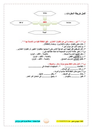 ‫إﻋﺪاد‬/‫ﺑﯿﻮﻣﻲ‬‫ت‬ ‫ﺳﻤﯿﺮ‬/٠١٠٦٤٥٤٩٤٦٤‫أﺑﻰ‬ ‫روح‬ ‫ﻋﻠﻰ‬ ‫ﺟﺎرﯾﺔ‬ ‫ﺻﺪﻗﺔ‬ ‫ﻣﺠﺎﻧﯿﺔ‬ ‫ھﺪﯾﺔ‬ ٥٣
‫اﻟﻤﻔﺮدات‬ ‫ﺧﺮﯾﻄﺔ‬ ‫أﻛﻤﻞ‬:
‫س‬١١" :‫أﻣﯿﺮ‬:‫؟‬ ‫ﺑﮭﺎ‬ ‫اﻹﺻﺎﺑﺔ‬ ‫ﻣﻦ‬ ‫ﺗﻘﯿﻨﺎ‬ ‫اﻟﻨﻈﺎﻓﺔ‬ ‫ﻓﮭﻞ‬ ، ‫اﻟﺨﻨﺎزﯾﺮ‬ ‫إﻧﻔﻠﻮﻧﺰا‬ ‫ﻋﻦ‬ ‫أﺑﻰ‬ ‫ﯾﺎ‬ ‫ﺳﻤﻌﺖ‬. "
١-‫ﻣﻌﻨﻰ‬ ‫ھﺎت‬)‫ﺗﻘﯿﻨﺎ‬(‫وﻣﻔﺮد‬ ،)‫اﻟﺨﻨﺎزﯾﺮ‬(‫وﻣﻀﺎد‬ ،)‫اﻟﻨﻈﺎﻓﺔ‬. (
٢-‫؟‬ ‫أﻣﯿﺮ‬ ‫ﺳﺆال‬ ‫ﻋﻦ‬ ‫اﻷب‬ ‫أﺟﺎب‬ ‫ﺑﻢ‬
٣-‫اﻟﺨﻨﺎزﯾﺮ‬ ‫إﻧﻔﻠﻮﻧﺰا‬ ‫أو‬ ‫اﻟﻄﯿﻮر‬ ‫ﺑﺈﻧﻔﻠﻮﻧﺰا‬ ‫ﯾﺼﺎﺑﻮا‬ ‫ﻻ‬ ‫ﺣﺘﻰ‬ ‫اﻟﻨﺎس‬ ‫ﻟﺘﻮﻋﯿﺔ‬ ‫أﻣﯿﺮ‬ ‫ﻓﯿﮭﻤﺎ‬ ‫ﻓﻜﺮ‬ ‫طﺮﯾﻘﺘﯿﻦ‬ ‫أذﻛﺮ‬.
‫س‬١٢:‫ﯾﻠﻰ‬ ‫ﻓﯿﻤﺎ‬ ‫ﺧﻂ‬ ‫ﺗﺤﺘﮫ‬ ‫ﻟﻤﺎ‬ ‫اﻟﺼﺤﯿﺤﺔ‬ ‫اﻹﻋﺮاب‬ ‫ﻋﻼﻣﺔ‬ ‫ﺗﺨﯿﺮ‬:
١-‫دﺧﻞ‬‫اﻟﺘﻠﻤﯿﺬ‬‫ًﺎ‬‫ﺣ‬‫ﺻﺒﺎ‬ ‫اﻟﻤﺪرﺳﺔ‬) .‫اﻟﻀﻤﺔ‬–‫اﻷﻟﻒ‬–‫اﻟﻮاو‬(
٢-‫زرع‬‫اﻟﻔﻼﺣﻮن‬‫اﻟﻘﻄﻦ‬) .‫اﻟﻀﻤﺔ‬–‫اﻷﻟﻒ‬–‫اﻟﻮاو‬(
٣-‫ﺗﻘﺎﺑﻞ‬‫اﻟﻌﺎﻣﻼن‬‫اﻟﻤﺼﻨﻊ‬ ‫ﺑﺎب‬ ‫أﻣﺎم‬) .‫اﻟﻀﻤﺔ‬–‫اﻷﻟﻒ‬–‫اﻟﻮاو‬(
‫س‬١٦:‫ﻣﺆﻧﺚ‬ ‫ﺑﺠﻤﻊ‬ ‫اﻟﻨﻘﻂ‬ ‫ﻣﻜﺎن‬ ‫أﻛﻤﻞ‬‫واﺿﺒﻄﮫ‬ ، ‫ﺳﺎﻟﻢ‬:
١-‫اﻟﻔﻼﺣﺎت‬......................٢-‫ﻓﻰ‬ ‫ﻧﺎﺟﺤﺎت‬ ‫اﻟﻤﺠﺘﮭﺪات‬........................
٣-‫زرﻋﺖ‬...............‫اﻟﺒﺴﺘﺎن‬ ‫ﻓﻰ‬.
‫س‬١٧:‫وأﻋﺮﺑﮫ‬ ‫ًﺎ‬‫ﺒ‬‫ﻣﻨﺎﺳ‬ ً‫ﻼ‬‫ﻓﺎﻋ‬ ‫اﻟﻨﻘﻂ‬ ‫ﻣﻜﺎن‬ ‫ﺿﻊ‬:
١-‫ﯾﺸﺘﺪ‬................‫اﻟﺼﯿﻒ‬ ‫ﻓﻰ‬.٢-‫ﯾﺘﻘﻦ‬............‫ﻋﻤ‬‫ﻠﮭﺎ‬.
٣-‫ﺗﻔﻮز‬...............‫ﺑﺎﻟﺠﻮاﺋﺰ‬.٤-‫ﯾﻨﺠﺢ‬................‫اﻟﻌﺎم‬ ‫آﺧﺮ‬ ‫اﻣﺘﺤﺎن‬ ‫ﻓﻰ‬.
‫ﺗﻠﺘﻘﻂ‬
‫ﻣﻌﻨﺎھﺎ‬
.........................
‫ﻣﻀﺎدھﺎ‬
.........................
‫ﻧﻮﻋﮭﺎ‬
.........................
‫اﻟﺠﻤﻠﺔ‬
......................................
 