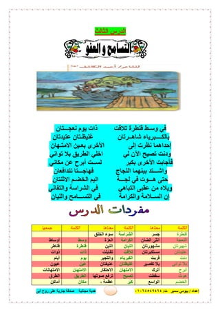 ‫إﻋﺪاد‬/‫ﺑﯿﻮﻣﻲ‬‫ت‬ ‫ﺳﻤﯿﺮ‬/٠١٠٦٤٥٤٩٤٦٤‫أﺑﻰ‬ ‫روح‬ ‫ﻋﻠﻰ‬ ‫ﺟﺎرﯾﺔ‬ ‫ﺻﺪﻗﺔ‬ ‫ﻣﺠﺎﻧﯿﺔ‬ ‫ھﺪﯾﺔ‬ ٥٤
‫اﻟ‬ ‫اﻟﺪرس‬‫ﺜﺎﻟﺚ‬
‫ﺗﻼﻗﺖ‬ ‫ﻗﻨﻄﺮة‬ ‫وﺳـﻂ‬ ‫ﻓﻲ‬‫ﻧﻌﺠـــﺘﺎن‬ ‫ﯾﻮم‬ ‫ذات‬
‫ﺷﺎھــﺮﺗﺎن‬ ‫ﺑﺎﻟﻜــــﺒﺮﯾﺎء‬‫ﻏﻠﯿﻈـﺘﺎن‬‫ﻋﺘﯿﺪﺗﺎن‬
‫إﻟﻰ‬ ‫ﻧﻈﺮت‬ ‫إﺣﺪاھﻤﺎ‬‫اﻷ‬‫اﻻﻣﺘـﮭﺎن‬ ‫ﺑﻌـﯿﻦ‬ ‫ﺧﺮى‬
‫ﻟﻲ‬ ‫اﻵن‬ ‫ﺗﺼﯿﺢ‬ ‫ودﻧﺖ‬‫ﺗﻮاﻧﻲ‬ ‫ﺑﻼ‬ ‫اﻟﻄﺮﯾﻖ‬ ‫اﺧﻠﻲ‬
‫ﺑﻜﺒﺮ‬ ‫اﻷﺧﺮى‬ ‫ﻓﺄﺟﺎﺑﺖ‬‫ﻣﻜﺎﻧﻲ‬ ‫ﻋﻦ‬ ‫أﺑﺮح‬ ‫ﻟﺴــﺖ‬
‫اﻟﻠﺠﺎج‬ ‫ﺑﯿﻨﮭﻤﺎ‬ ‫واﺷـــﺘﺪ‬‫ﺗﺘﺪاﻓﻌﺎن‬ ‫ﻓﮭﺎﺟـــﺘﺎ‬
‫ﻟﺠـــﺔ‬ ‫ﻓﻲ‬ ‫ھـــﻮت‬ ‫ﺣﺘﻰ‬‫اﻻﺛﻨﺘﺎن‬ ‫اﻟﺨﻀـﻢ‬ ‫اﻟﯿﻢ‬
‫اﻟﺘﺒﺎھﻲ‬ ‫ﻋﻘﺒﻰ‬ ‫ﻣﻦ‬ ‫وﯾﻼه‬‫واﻟﺘﻔﺎﻧﻲ‬ ‫اﻟﺸﺮاﺳﺔ‬ ‫ﻓﻲ‬
‫واﻟﻜﺮاﻣﺔ‬ ‫اﻟﺴــﻼﻣﺔ‬ ‫إن‬‫اﻟﺘ‬ ‫ﻓﻲ‬‫واﻟﻠﯿﺎن‬ ‫ﺴـــﺎﻣﺢ‬
‫اﻟﻜﻠﻤﺔ‬‫ﻣﻌﻨﺎھﺎ‬‫اﻟﻜﻠﻤﺔ‬‫ﻣﻌﻨﺎھﺎ‬‫اﻟﻜﻠﻤﺔ‬‫ﺟﻤﻌﮭﺎ‬
‫ﻗﻨﻄﺮة‬‫ﺟﺴﺮ‬‫اﻟﺸﺮاﺳﺔ‬‫اﻟﺨﻠﻖ‬ ‫ﺳﻮء‬
‫اﻟﻨﻌﺠﺔ‬‫اﻟﻀﺄن‬ ‫أﻧﺜﻰ‬‫اﻟﻜﺮاﻣﺔ‬‫اﻟ‬‫ﻌﺰة‬‫وﺳﻂ‬‫أوﺳﺎط‬
‫ﺷﮭﯿﺮﺗﺎن‬‫ﻣﺸﮭﻮرﺗﺎن‬‫اﻟﻠﯿﺎن‬‫اﻟﻠﯿﻦ‬‫ﻗﻨﻄﺮة‬‫ﻗﻨﺎطﺮ‬
‫ﻋﺘﯿﺪﺗﺎن‬‫ﻣﺴﺘﻜﺒﺮﺗﺎن‬‫ﺗﻼﻗﺖ‬‫ﺗﻘﺎﺑﻠﺖ‬‫ذات‬‫ذوات‬
‫دﻧﺖ‬‫ﻗﺮﺑﺖ‬‫اﻟﻜﺒﺮﯾﺎء‬‫واﻟﺘﺠﺒﺮ‬‫ﯾﻮم‬‫أﯾﺎم‬
‫ﺗﻮاﻧﻰ‬ ‫ﺑﻼ‬‫ﺗﻘﺼﯿﺮ‬ ‫ﺑﻼ‬‫ﻏﻠﯿﻈﺘﺎن‬‫ﻋﻨﯿﻔﺘﺎن‬‫ﻋﯿﻦ‬‫ﻋﯿﻮن‬
‫أﺑﺮح‬‫أﺗﺮك‬‫اﻻﻣﺘﮭﺎن‬‫اﻻﺣﺘﻘﺎر‬‫اﻻﻣﺘﮭﺎن‬‫اﻻﻣﺘﮭﺎﻧﺎت‬
‫ھﻮت‬‫ﺳﻘﻄﺖ‬‫ﺗﺼﯿﺢ‬‫ﺻﻮﺗﮭﺎ‬ ‫ﺗﺮﻓﻊ‬‫اﻟﻄﺮﯾﻖ‬‫اﻟﻄﺮق‬
‫اﻟﺨﻀﻢ‬‫اﻟﻮاﺳﻊ‬ٍ‫ْﺮ‬‫ﺒ‬ِ‫ﻛ‬، ‫ﻋﻈﻤﺔ‬‫ﻣﻜﺎن‬‫أﻣﺎﻛﻦ‬
 