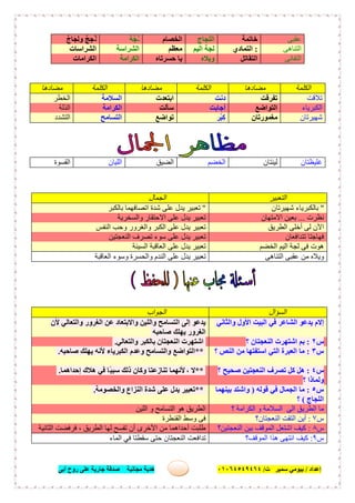 ‫إﻋﺪاد‬/‫ﺑﯿﻮﻣﻲ‬‫ت‬ ‫ﺳﻤﯿﺮ‬/٠١٠٦٤٥٤٩٤٦٤‫أﺑﻰ‬ ‫روح‬ ‫ﻋﻠﻰ‬ ‫ﺟﺎرﯾﺔ‬ ‫ﺻﺪﻗﺔ‬ ‫ﻣﺠﺎﻧﯿﺔ‬ ‫ھﺪﯾﺔ‬ ٥٥
‫ﻋﻘﺒﻰ‬‫ﺧﺎﺗﻤﺔ‬‫اﻟﻠﺠﺎج‬‫اﻟﺨﺼﺎم‬‫ﱠﺔ‬‫ﺠ‬ُ‫ﻟ‬ٌ‫ج‬‫َﺎ‬‫ﺠ‬ِ‫ﻟ‬‫و‬ ٌ‫ﺞ‬‫ُﺠ‬‫ﻟ‬
‫اﻟﺘﻨﺎھﻰ‬:‫اﻟﺘﻤﺎدي‬‫ﻟﺠﺔ‬‫اﻟﯿﻢ‬‫ﻣﻌﻈﻢ‬‫اﻟﺸﺮاﺳﺔ‬‫اﻟﺸﺮاﺳﺎت‬
‫اﻟﺘﻔﺎﻧﻰ‬‫اﻟﺘﻘﺎﺗﻞ‬‫وﯾﻼه‬‫ﺣﺴﺮﺗﺎه‬ ‫ﯾﺎ‬‫اﻟﻜﺮاﻣﺔ‬‫اﻟﻜﺮاﻣﺎت‬
‫اﻟﻜﻠﻤﺔ‬‫ﻣﻀﺎدھﺎ‬‫اﻟﻜﻠﻤﺔ‬‫ﻣﻀﺎدھﺎ‬‫اﻟﻜﻠﻤﺔ‬‫ﻣﻀﺎدھﺎ‬
‫ﺗﻼﻗﺖ‬‫ﺗﻔﺮﻗﺖ‬‫دﻧﺖ‬‫اﺑﺘﻌﺪت‬‫اﻟﺴﻼﻣﺔ‬‫اﻟﺨﻄﺮ‬
‫اﻟﻜﺒﺮﯾﺎء‬‫اﻟﺘﻮاﺿﻊ‬‫أﺟﺎﺑﺖ‬‫ﺳﺄﻟﺖ‬‫اﻟﻜﺮاﻣﺔ‬‫اﻟﺬﻟﺔ‬
‫ﺷﮭﯿﺮﺗﺎن‬‫ﻣﻐﻤﻮرﺗﺎن‬‫ْﺮ‬‫ﺒ‬ِ‫ﻛ‬‫ﺗﻮاﺿﻊ‬‫اﻟﺘﺴﺎﻣﺢ‬‫اﻟﺘﺸﺪد‬
‫ﻏﻠﯿﻈ‬‫ﺘﺎن‬‫ﻟﯿﻨﺘﺎن‬‫اﻟﺨﻀﻢ‬‫اﻟﻀﯿﻖ‬‫اﻟﻠﯿﺎن‬‫اﻟﻘﺴﻮة‬
‫اﻟﺘﻌﺒﯿﺮ‬‫اﻟﺠﻤﺎل‬
"‫ﺷﮭﯿﺮﺗﺎن‬ ‫ﺑﺎﻟﻜﺒﺮﯾﺎء‬"‫ﺷﺪة‬ ‫ﻋﻠﻰ‬ ‫ﯾﺪل‬ ‫ﺗﻌﺒﯿﺮ‬‫اﺗﺼﺎﻓﮭﻤﺎ‬‫ﺑﺎﻟﻜﺒﺮ‬
‫ﻧﻈﺮت‬...‫اﻻﻣﺘﮭﺎن‬ ‫ﺑﻌﯿﻦ‬‫واﻟﺴﺨﺮﯾﺔ‬ ‫اﻻﺣﺘﻘﺎر‬ ‫ﻋﻠﻰ‬ ‫ﯾﺪل‬ ‫ﺗﻌﺒﯿﺮ‬
‫اﻟﻄﺮﯾﻖ‬ ‫أﺧﻠﻰ‬ ‫ﻟﻰ‬ ‫اﻵن‬‫واﻟﻐﺮور‬ ‫اﻟﻜﺒﺮ‬ ‫ﻋﻠﻰ‬ ‫ﯾﺪل‬ ‫ﺗﻌﺒﯿﺮ‬‫اﻟﻨﻔﺲ‬ ‫وﺣﺐ‬
‫ﺗﺘﺪاﻓﻌﺎن‬ ‫ﻓﮭﺎﺟﺘﺎ‬‫اﻟﻨﻌﺠﺘﯿﻦ‬ ‫ﺗﺼﺮف‬ ‫ﺳﻮء‬ ‫ﻋﻠﻰ‬ ‫ﯾﺪل‬ ‫ﺗﻌﺒﯿﺮ‬
‫اﻟﺨﻀﻢ‬ ‫اﻟﯿﻢ‬ ‫ﻟﺠﺔ‬ ‫ﻓﻰ‬ ‫ھﻮت‬‫اﻟﺴﯿﺌﺔ‬ ‫اﻟﻌﺎﻗﺒﺔ‬ ‫ﻋﻠﻰ‬ ‫ﯾﺪل‬ ‫ﺗﻌﺒﯿﺮ‬
‫اﻟﺘﻨﺎھﻰ‬ ‫ﻋﻘﺒﻰ‬ ‫ﻣﻦ‬ ‫وﯾﻼه‬‫وﺳﻮء‬ ‫واﻟﺤﺴﺮة‬ ‫اﻟﻨﺪم‬ ‫ﻋﻠﻰ‬ ‫ﯾﺪل‬ ‫ﺗﻌﺒﯿﺮ‬‫اﻟﻌﺎﻗﺒﺔ‬
‫اﻟﺴﺆال‬‫اﻟﺠﻮاب‬
‫اﻟﺒﯿﺖ‬ ‫ﻓﻲ‬ ‫اﻟﺸﺎﻋﺮ‬ ‫ﯾﺪﻋﻮ‬ ‫إﻻم‬‫واﻟﺜﺎﻧﻲ‬ ‫اﻷول‬‫ﻷن‬ ‫واﻟﺘﻌﺎﻟﻲ‬ ‫اﻟﻐﺮور‬ ‫ﻋﻦ‬ ‫واﻻﺑﺘﻌﺎد‬ ‫واﻟﻠﯿﻦ‬ ‫اﻟﺘﺴﺎﻣﺢ‬ ‫إﻟﻰ‬ ‫ﯾﺪﻋﻮ‬
‫ﺻﺎﺣﺒﮫ‬ ‫ﯾﮭﻠﻚ‬ ‫اﻟﻐﺮور‬
‫س‬٢:‫؟‬ ‫اﻟﻨﻌﺠﺘﺎن‬ ‫اﺷﺘﮭﺮت‬ ‫ﺑﻢ‬‫واﻟﺘﻌﺎﻟﻲ‬ ‫ﺑﺎﻟﻜﺒﺮ‬ ‫اﻟﻨﻌﺠﺘﺎن‬ ‫اﺷﺘﮭﺮت‬.
‫س‬٣:‫؟‬ ‫اﻟﻨﺺ‬ ‫ﻣﻦ‬ ‫اﺳﺘﻔﺘﮭﺎ‬ ‫اﻟﺘﻲ‬ ‫اﻟﻌﺒﺮة‬ ‫ﻣﺎ‬**‫ﺻﺎﺣﺒﮫ‬ ‫ﯾﮭﻠﻚ‬ ‫ﻷﻧﮫ‬ ‫اﻟﻜﺒﺮﯾﺎء‬ ‫وﻋﺪم‬ ‫واﻟﺘﺴﺎﻣﺢ‬ ‫اﻟﺘﻮاﺿﻊ‬.
‫س‬٤:‫ﻛ‬ ‫ھﻞ‬‫؟‬ ‫ﺻﺤﯿﺢ‬ ‫اﻟﻨﻌﺠﺘﯿﻦ‬ ‫ﺗﺼﺮف‬ ‫ﻞ‬
‫؟‬ ‫وﻟﻤﺎذا‬
**‫ﻻ‬،‫إﺣﺪاھﻤﺎ‬ ‫ھﻼك‬ ‫ﻓﻲ‬ ‫ًﺎ‬‫ﺒ‬‫ﺳﺒ‬ ‫ذﻟﻚ‬ ‫وﻛﺎن‬ ‫ﺗﻨﺎزﻋﺘﺎ‬ ‫ﻷﻧﮭﻤﺎ‬.
‫س‬٥:‫ﻗﻮﻟﮫ‬ ‫ﻓﻲ‬ ‫اﻟﺠﻤﺎل‬ ‫ﻣﺎ‬)‫ﺑﯿﻨﮭﻤﺎ‬ ‫واﺷﺘﺪ‬
‫اﻟﻠﺠﺎج‬(‫؟‬
**‫واﻟﺨﺼﻮﻣﺔ‬ ‫اﻟﻨﺰاع‬ ‫ﺷﺪة‬ ‫ﻋﻠﻰ‬ ‫ﯾﺪل‬ ‫ﺗﻌﺒﯿﺮ‬.
‫؟‬ ‫اﻟﻜﺮاﻣﺔ‬ ‫و‬ ‫اﻟﺴﻼﻣﺔ‬ ‫اﻟﻰ‬ ‫اﻟﻄﺮﯾﻖ‬ ‫ﻣﺎ‬‫اﻟﻠﯿﻦ‬ ‫و‬ ‫اﻟﺘﺴﺎﻣﺢ‬ ‫ھﻮ‬ ‫اﻟﻄﺮﯾﻖ‬
‫س‬٧:‫اﻟﺘﻘﺖ‬ ‫أﯾﻦ‬‫اﻟﻨﻌﺠﺘﺎن؟‬‫اﻟﻘﻨﻄﺮة‬ ‫وﺳﻂ‬ ‫ﻓﻰ‬
‫س‬٨:‫اﻟﻨﻌﺠﺘﯿﻦ؟‬ ‫ﺑﯿﻦ‬ ‫اﻟﻤﻮﻗﻒ‬ ‫اﺷﺘﻌﻞ‬ ‫ﻛﯿﻒ‬‫اﻟﺜﺎﻧﯿﺔ‬ ‫ﻓﺮﻓﻀﺖ‬ ، ‫اﻟﻄﺮﯾﻖ‬ ‫ﻟﮭﺎ‬ ‫ﺗﻔﺴﺢ‬ ‫أن‬ ‫اﻷﺧﺮى‬ ‫ﻣﻦ‬ ‫أﺣﺪاھﻤﺎ‬ ‫طﻠﺒﺖ‬
‫س‬٩:‫اﻟﻤﻮﻗﻒ؟‬ ‫ھﺬا‬ ‫اﻧﺘﮭﻰ‬ ‫ﻛﯿﻒ‬‫اﻟﻤﺎء‬ ‫ﻓﻲ‬ ‫ﺳﻘﻄﺘﺎ‬ ‫ﺣﺘﻰ‬ ‫اﻟﻨﻌﺠﺘﺎن‬ ‫ﺗﺪاﻓﻌﺖ‬
 