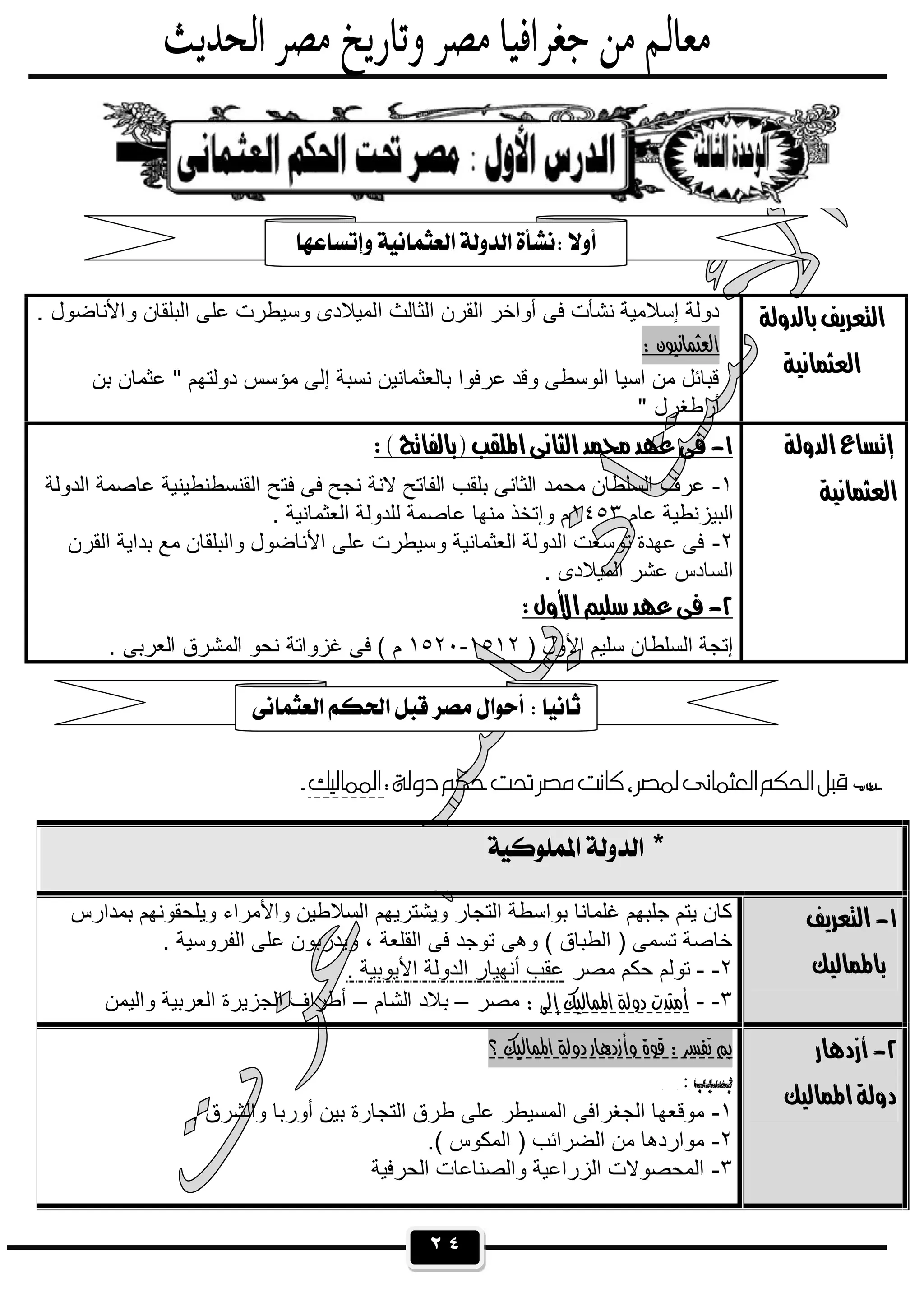 ٢٤

 
‫ا‬ ‫اﻟﺛﺎﻟث‬ ‫اﻟﻘرن‬ ‫أواﺧر‬ ‫ﻓﻰ‬ ‫ﻧﺷﺄت‬ ‫إﺳﻼﻣﯾﺔ‬ ‫دوﻟﺔ‬‫اﻟﺑﻠﻘﺎ‬ ‫ﻋﻠﻰ‬ ‫وﺳﯾطرت‬ ‫ﻟﻣﯾﻼدى‬‫ن‬. ‫واﻷﻧﺎﺿول‬
 
‫ﺑن‬ ‫ﻋﺛﻣﺎن‬ " ‫دوﻟﺗﮭم‬ ‫ﻣؤﺳس‬ ‫إﻟﻰ‬ ‫ﻧﺳﺑﺔ‬ ‫ﺑﺎﻟﻌﺛﻣﺎﻧﯾن‬ ‫ﻋرﻓوا‬ ‫وﻗد‬ ‫اﻟوﺳطﻰ‬ ‫اﺳﯾﺎ‬ ‫ﻣن‬ ‫ﻗﺑﺎﺋل‬
" ‫أرطﻐرل‬

 
 
١-‫ﻓﺗ‬ ‫ﻓﻰ‬ ‫ﻧﺟﺢ‬ ‫ﻻﻧﺔ‬ ‫اﻟﻔﺎﺗﺢ‬ ‫ﺑﻠﻘب‬ ‫اﻟﺛﺎﻧﻰ‬ ‫ﻣﺣﻣد‬ ‫اﻟﺳﻠطﺎن‬ ‫ﻋرف‬‫اﻟدوﻟﺔ‬ ‫ﻋﺎﺻﻣﺔ‬ ‫اﻟﻘﻧﺳطﻧطﯾﻧﯾﺔ‬ ‫ﺢ‬
‫ﻋﺎم‬ ‫اﻟﺑﯾزﻧطﯾﺔ‬١٤٥٣. ‫اﻟﻌﺛﻣﺎﻧﯾﺔ‬ ‫ﻟﻠدوﻟﺔ‬ ‫ﻋﺎﺻﻣﺔ‬ ‫ﻣﻧﮭﺎ‬ ‫وإﺗﺧذ‬ ‫م‬
٢-‫اﻟﻘرن‬ ‫ﺑداﯾﺔ‬ ‫ﻣﻊ‬ ‫واﻟﺑﻠﻘﺎن‬ ‫اﻷﻧﺎﺿول‬ ‫ﻋﻠﻰ‬ ‫وﺳﯾطرت‬ ‫اﻟﻌﺛﻣﺎﻧﯾﺔ‬ ‫اﻟدوﻟﺔ‬ ‫ﺗوﺳﻌت‬ ‫ﻋﮭدة‬ ‫ﻓﻰ‬
. ‫اﻟﻣﯾﻼدى‬ ‫ﻋﺷر‬ ‫اﻟﺳﺎدس‬
 
) ‫اﻷول‬ ‫ﺳﻠﯾم‬ ‫اﻟﺳﻠطﺎن‬ ‫إﺗﺟﺔ‬١٥١٢-١٥٢٠‫ﻏزواﺗﺔ‬ ‫ﻓﻰ‬ ( ‫م‬. ‫اﻟﻌرﺑﻰ‬ ‫اﻟﻣﺷرق‬ ‫ﻧﺣو‬
 
*
 
 
‫ﺑﻣدارس‬ ‫وﯾﻠﺣﻘوﻧﮭم‬ ‫واﻷﻣراء‬ ‫اﻟﺳﻼطﯾن‬ ‫وﯾﺷﺗرﯾﮭم‬ ‫اﻟﺗﺟﺎر‬ ‫ﺑواﺳطﺔ‬ ‫ﻏﻠﻣﺎﻧﺎ‬ ‫ﺟﻠﺑﮭم‬ ‫ﯾﺗم‬ ‫ﻛﺎن‬
‫اﻟﻘﻠﻌﺔ‬ ‫ﻓﻰ‬ ‫ﺗوﺟد‬ ‫وھﻰ‬ ( ‫اﻟطﺑﺎق‬ ) ‫ﺗﺳﻣﻰ‬ ‫ﺧﺎﺻﺔ‬. ‫اﻟﻔروﺳﯾﺔ‬ ‫ﻋﻠﻰ‬ ‫وﯾدرﺑون‬ ،
٢--‫ﻣﺻر‬ ‫ﺣﻛم‬ ‫ﺗوﻟم‬. ‫اﻷﯾوﺑﯾﺔ‬ ‫اﻟدوﻟﺔ‬ ‫أﻧﮭﯾﺎر‬ ‫ﻋﻘب‬
٣--‫ﻣﺻر‬–‫اﻟﺷﺎم‬ ‫ﺑﻼد‬–‫واﻟﯾﻣن‬ ‫اﻟﻌرﺑﯾﺔ‬ ‫اﻟﺟزﯾرة‬ ‫أطراف‬
 
 
 
 
١-‫ط‬ ‫ﻋﻠﻰ‬ ‫اﻟﻣﺳﯾطر‬ ‫اﻟﺟﻐراﻓﻰ‬ ‫ﻣوﻗﻌﮭﺎ‬. ‫واﻟﺷرق‬ ‫أورﺑﺎ‬ ‫ﺑﯾن‬ ‫اﻟﺗﺟﺎرة‬ ‫رق‬
٢-.( ‫اﻟﻣﻛوس‬ ) ‫اﻟﺿراﺋب‬ ‫ﻣن‬ ‫ﻣواردھﺎ‬
٣-‫اﻟﺣرﻓﯾﺔ‬ ‫واﻟﺻﻧﺎﻋﺎت‬ ‫اﻟزراﻋﯾﺔ‬ ‫اﻟﻣﺣﺻوﻻت‬


 