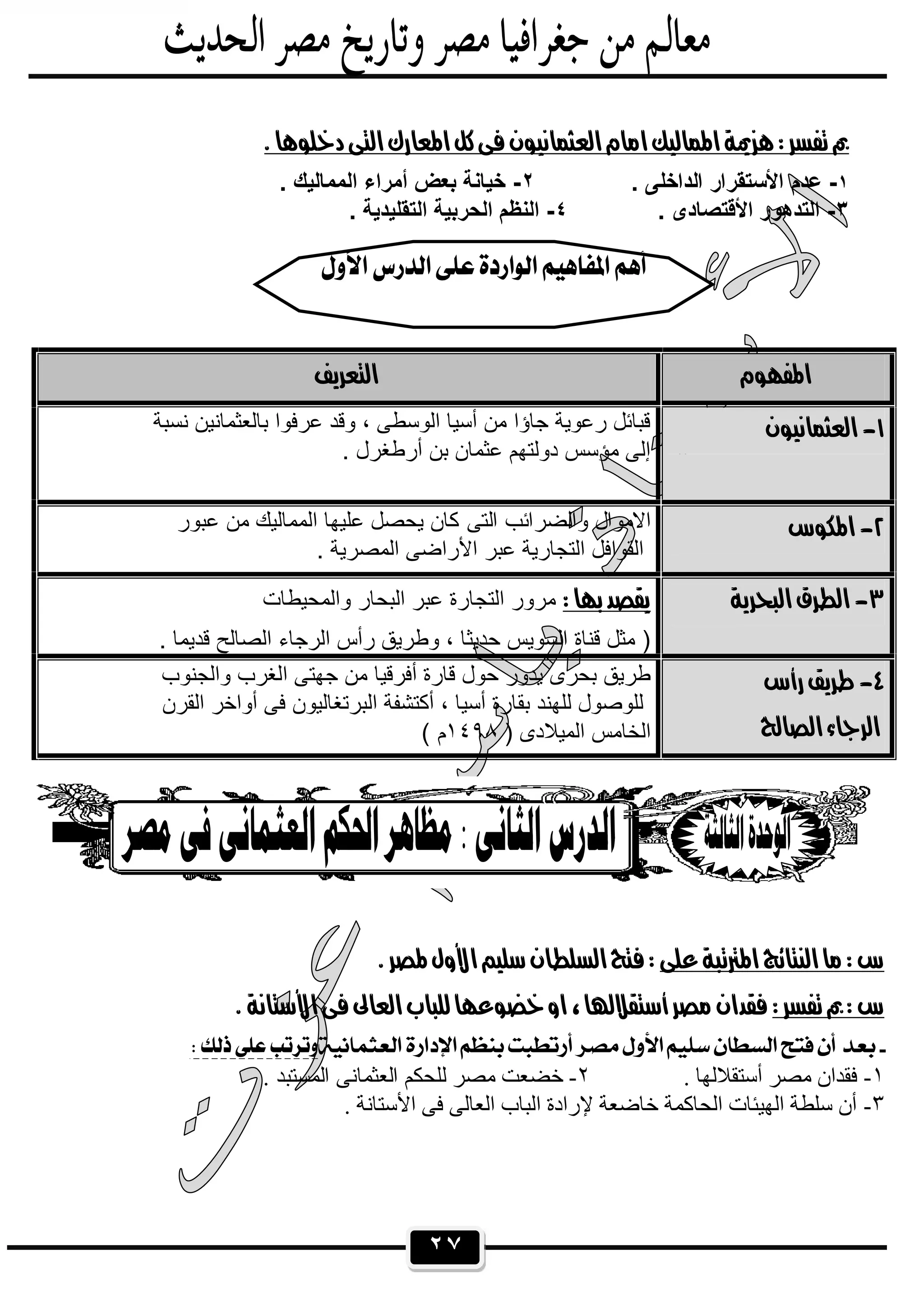 ٢٧
 
١-. ‫اﻟداﺧﻠﻰ‬ ‫اﻷﺳﺗﻘرار‬ ‫ﻋدم‬٢-. ‫اﻟﻣﻣﺎﻟﯾك‬ ‫أﻣراء‬ ‫ﺑﻌض‬ ‫ﺧﯾﺎﻧﺔ‬
٣-. ‫اﻷﻗﺗﺻﺎدى‬ ‫اﻟﺗدھور‬٤-. ‫اﻟﺗﻘﻠﯾدﯾﺔ‬ ‫اﻟﺣرﺑﯾﺔ‬ ‫اﻟﻧظم‬
 
 
 
 
 
١-. ‫أﺳﺘﻘﻼﻟﮭﺎ‬ ‫ﻣﺼﺮ‬ ‫ﻓﻘﺪان‬٢-. ‫اﻟﻤﺴﺘﺒﺪ‬ ‫اﻟﻌﺜﻤﺎﻧﻰ‬ ‫ﻟﻠﺤﻜﻢ‬ ‫ﻣﺼﺮ‬ ‫ﺧﻀﻌﺖ‬
٣-. ‫اﻷﺳﺘﺎﻧﺔ‬ ‫ﻓﻰ‬ ‫اﻟﻌﺎﻟﻰ‬ ‫اﻟﺒﺎب‬ ‫ﻹرادة‬ ‫ﺧﺎﺿﻌﺔ‬ ‫اﻟﺤﺎﻛﻤﺔ‬ ‫اﻟﮭﯿﺌﺎت‬ ‫ﺳﻠﻄﺔ‬ ‫أن‬
  
 ‫ﻧﺳﺑﺔ‬ ‫ﺑﺎﻟﻌﺛﻣﺎﻧﯾن‬ ‫ﻋرﻓوا‬ ‫وﻗد‬ ، ‫اﻟوﺳطﻰ‬ ‫أﺳﯾﺎ‬ ‫ﻣن‬ ‫ﺟﺎؤا‬ ‫رﻋوﯾﺔ‬ ‫ﻗﺑﺎﺋل‬
. ‫أرطﻐرل‬ ‫ﺑن‬ ‫ﻋﺛﻣﺎن‬ ‫دوﻟﺗﮭم‬ ‫ﻣؤﺳس‬ ‫إﻟﻰ‬
 ‫اﻟﺗﻰ‬ ‫واﻟﺿراﺋب‬ ‫اﻻﻣوال‬‫ﻋﺑور‬ ‫ﻣن‬ ‫اﻟﻣﻣﺎﻟﯾك‬ ‫ﻋﻠﯾﮭﺎ‬ ‫ﯾﺣﺻل‬ ‫ﻛﺎن‬
. ‫اﻟﻣﺻرﯾﺔ‬ ‫اﻷراﺿﻰ‬ ‫ﻋﺑر‬ ‫اﻟﺗﺟﺎرﯾﺔ‬ ‫اﻟﻘواﻓل‬
 ‫واﻟﻣﺣﯾطﺎت‬ ‫اﻟﺑﺣﺎر‬ ‫ﻋﺑر‬ ‫اﻟﺗﺟﺎرة‬ ‫ﻣرور‬
. ‫ﻗدﯾﻣﺎ‬ ‫اﻟﺻﺎﻟﺢ‬ ‫اﻟرﺟﺎء‬ ‫رأس‬ ‫وطرﯾق‬ ، ‫ﺣدﯾﺛﺎ‬ ‫اﻟﺳوﯾس‬ ‫ﻗﻧﺎة‬ ‫ﻣﺛل‬ )
 
 
‫أﻓرﻗﯾﺎ‬ ‫ﻗﺎرة‬ ‫ﺣول‬ ‫ﯾدور‬ ‫ﺑﺣرى‬ ‫طرﯾق‬‫واﻟﺟﻧوب‬ ‫اﻟﻐرب‬ ‫ﺟﮭﺗﻰ‬ ‫ﻣن‬
‫اﻟﻘرن‬ ‫أواﺧر‬ ‫ﻓﻰ‬ ‫اﻟﺑرﺗﻐﺎﻟﯾون‬ ‫أﻛﺗﺷﻔﺔ‬ ، ‫أﺳﯾﺎ‬ ‫ﺑﻘﺎرة‬ ‫ﻟﻠﮭﻧد‬ ‫ﻟﻠوﺻول‬
) ‫اﻟﻣﯾﻼدى‬ ‫اﻟﺧﺎﻣس‬١٤٩٨( ‫م‬

 