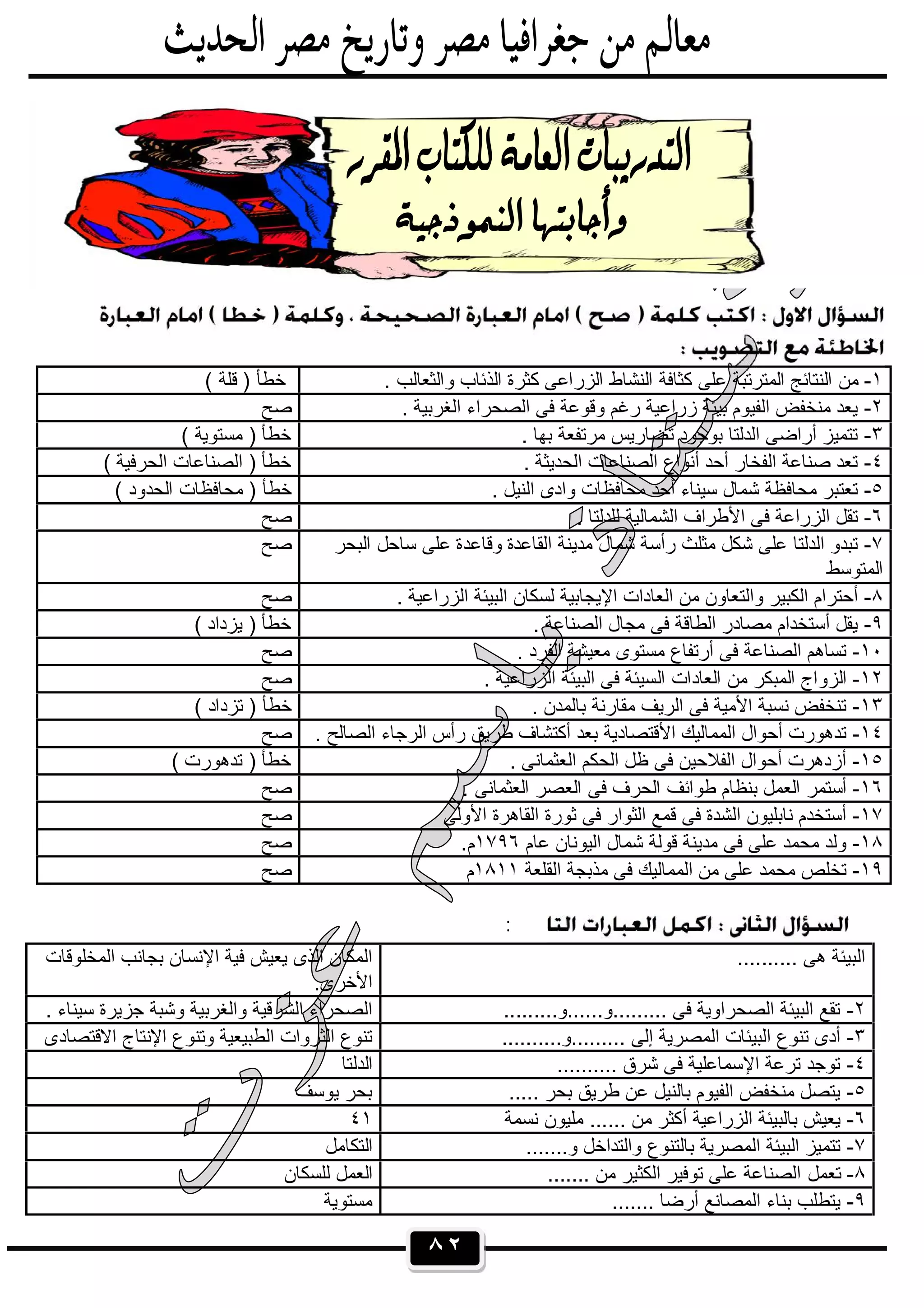 ٨٢
١-. ‫واﻟﺛﻌﺎﻟب‬ ‫اﻟذﺋﺎب‬ ‫ﻛﺛرة‬ ‫اﻟزراﻋﻰ‬ ‫اﻟﻧﺷﺎط‬ ‫ﻛﺛﺎﻓﺔ‬ ‫ﻋﻠﻰ‬ ‫اﻟﻣﺗرﺗﺑﺔ‬ ‫اﻟﻧﺗﺎﺋﺞ‬ ‫ﻣن‬( ‫ﻗﻠﺔ‬ ) ‫ﺧطﺄ‬
٢-. ‫اﻟﻐرﺑﯾﺔ‬ ‫اﻟﺻﺣراء‬ ‫ﻓﻰ‬ ‫وﻗوﻋﺔ‬ ‫رﻏم‬ ‫زراﻋﯾﺔ‬ ‫ﺑﯾﺋﺔ‬ ‫اﻟﻔﯾوم‬ ‫ﻣﻧﺧﻔض‬ ‫ﯾﻌد‬‫ﺻﺢ‬
٣-. ‫ﺑﮭﺎ‬ ‫ﻣرﺗﻔﻌﺔ‬ ‫ﺗﺿﺎرﯾس‬ ‫ﺑوﺟود‬ ‫اﻟدﻟﺗﺎ‬ ‫أراﺿﻰ‬ ‫ﺗﺗﻣﯾز‬‫ﻣﺳﺗوﯾ‬ ) ‫ﺧطﺄ‬( ‫ﺔ‬
٤-. ‫اﻟﺣدﯾﺛﺔ‬ ‫اﻟﺻﻧﺎﻋﺎت‬ ‫أﻧواع‬ ‫أﺣد‬ ‫اﻟﻔﺧﺎر‬ ‫ﺻﻧﺎﻋﺔ‬ ‫ﺗﻌد‬( ‫اﻟﺣرﻓﯾﺔ‬ ‫اﻟﺻﻧﺎﻋﺎت‬ ) ‫ﺧطﺄ‬
٥-. ‫اﻟﻧﯾل‬ ‫وادى‬ ‫ﻣﺣﺎﻓظﺎت‬ ‫أﺣد‬ ‫ﺳﯾﻧﺎء‬ ‫ﺷﻣﺎل‬ ‫ﻣﺣﺎﻓظﺔ‬ ‫ﺗﻌﺗﺑر‬( ‫اﻟﺣدود‬ ‫ﻣﺣﺎﻓظﺎت‬ ) ‫ﺧطﺄ‬
٦-. ‫ﻟﻠدﻟﺗﺎ‬ ‫اﻟﺷﻣﺎﻟﯾﺔ‬ ‫اﻷطراف‬ ‫ﻓﻰ‬ ‫اﻟزراﻋﺔ‬ ‫ﺗﻘل‬‫ﺻﺢ‬
٧-‫اﻟﻘﺎﻋدة‬ ‫ﻣدﯾﻧﺔ‬ ‫ﺷﻣﺎل‬ ‫رأﺳﺔ‬ ‫ﻣﺛﻠث‬ ‫ﺷﻛل‬ ‫ﻋﻠﻰ‬ ‫اﻟدﻟﺗﺎ‬ ‫ﺗﺑدو‬‫اﻟﺑﺣر‬ ‫ﺳﺎﺣل‬ ‫ﻋﻠﻰ‬ ‫وﻗﺎﻋدة‬
‫اﻟﻣﺗوﺳط‬
‫ﺻﺢ‬
٨-. ‫اﻟزراﻋﯾﺔ‬ ‫اﻟﺑﯾﺋﺔ‬ ‫ﻟﺳﻛﺎن‬ ‫اﻹﯾﺟﺎﺑﯾﺔ‬ ‫اﻟﻌﺎدات‬ ‫ﻣن‬ ‫واﻟﺗﻌﺎون‬ ‫اﻟﻛﺑﯾر‬ ‫أﺣﺗرام‬‫ﺻﺢ‬
٩-. ‫اﻟﺻﻧﺎﻋﺔ‬ ‫ﻣﺟﺎل‬ ‫ﻓﻰ‬ ‫اﻟطﺎﻗﺔ‬ ‫ﻣﺻﺎدر‬ ‫أﺳﺗﺧدام‬ ‫ﯾﻘل‬( ‫ﯾزداد‬ ) ‫ﺧطﺄ‬
١٠-. ‫اﻟﻔرد‬ ‫ﻣﻌﯾﺷﺔ‬ ‫ﻣﺳﺗوى‬ ‫أرﺗﻔﺎع‬ ‫ﻓﻰ‬ ‫اﻟﺻﻧﺎﻋﺔ‬ ‫ﺗﺳﺎھم‬‫ﺻﺢ‬
١٢-‫اﻟ‬ ‫اﻟﻌﺎدات‬ ‫ﻣن‬ ‫اﻟﻣﺑﻛر‬ ‫اﻟزواج‬. ‫اﻟزراﻋﯾﺔ‬ ‫اﻟﺑﯾﺋﺔ‬ ‫ﻓﻰ‬ ‫ﺳﯾﺋﺔ‬‫ﺻﺢ‬
١٣-. ‫ﺑﺎﻟﻣدن‬ ‫ﻣﻘﺎرﻧﺔ‬ ‫اﻟرﯾف‬ ‫ﻓﻰ‬ ‫اﻷﻣﯾﺔ‬ ‫ﻧﺳﺑﺔ‬ ‫ﺗﻧﺧﻔض‬( ‫ﺗزداد‬ ) ‫ﺧطﺄ‬
١٤-. ‫اﻟﺻﺎﻟﺢ‬ ‫اﻟرﺟﺎء‬ ‫رأس‬ ‫طرﯾق‬ ‫أﻛﺗﺷﺎف‬ ‫ﺑﻌد‬ ‫اﻷﻗﺗﺻﺎدﯾﺔ‬ ‫اﻟﻣﻣﺎﻟﯾك‬ ‫أﺣوال‬ ‫ﺗدھورت‬‫ﺻﺢ‬
١٥-. ‫اﻟﻌﺛﻣﺎﻧﻰ‬ ‫اﻟﺣﻛم‬ ‫ظل‬ ‫ﻓﻰ‬ ‫اﻟﻔﻼﺣﯾن‬ ‫أﺣوال‬ ‫أزدھرت‬( ‫ﺗدھورت‬ ) ‫ﺧطﺄ‬
١٦-‫ﺑﻧظﺎم‬ ‫اﻟﻌﻣل‬ ‫أﺳﺗﻣر‬. ‫اﻟﻌﺛﻣﺎﻧﻰ‬ ‫اﻟﻌﺻر‬ ‫ﻓﻰ‬ ‫اﻟﺣرف‬ ‫طواﺋف‬‫ﺻﺢ‬
١٧-‫اﻷوﻟﻰ‬ ‫اﻟﻘﺎھرة‬ ‫ﺛورة‬ ‫ﻓﻰ‬ ‫اﻟﺛوار‬ ‫ﻗﻣﻊ‬ ‫ﻓﻰ‬ ‫اﻟﺷدة‬ ‫ﻧﺎﺑﻠﯾون‬ ‫أﺳﺗﺧدم‬‫ﺻﺢ‬
١٨-‫ﻋﺎم‬ ‫اﻟﯾوﻧﺎن‬ ‫ﺷﻣﺎل‬ ‫ﻗوﻟﺔ‬ ‫ﻣدﯾﻧﺔ‬ ‫ﻓﻰ‬ ‫ﻋﻠﻰ‬ ‫ﻣﺣﻣد‬ ‫وﻟد‬١٧٩٦.‫م‬‫ﺻﺢ‬
١٩-‫اﻟﻘﻠﻌﺔ‬ ‫ﻣذﺑﺟﺔ‬ ‫ﻓﻰ‬ ‫اﻟﻣﻣﺎﻟﯾك‬ ‫ﻣن‬ ‫ﻋﻠﻰ‬ ‫ﻣﺣﻣد‬ ‫ﺗﺧﻠص‬١٨١١‫م‬‫ﺻﺢ‬
: ‫ﻟﻴﺔ‬
.......... ‫ھﻰ‬ ‫اﻟﺑﯾﺋﺔ‬‫اﻟﻣﺧﻠوﻗﺎت‬ ‫ﺑﺟﺎﻧب‬ ‫اﻹﻧﺳﺎن‬ ‫ﻓﯾﺔ‬ ‫ﯾﻌﯾش‬ ‫اﻟذى‬ ‫اﻟﻣﻛﺎن‬
.‫اﻷﺧرى‬
٢-.........‫.........و......و‬ ‫ﻓﻰ‬ ‫اﻟﺻﺣراوﯾﺔ‬ ‫اﻟﺑﯾﺋﺔ‬ ‫ﺗﻘﻊ‬. ‫ﺳﯾﻧﺎء‬ ‫ﺟزﯾرة‬ ‫وﺷﺑﺔ‬ ‫واﻟﻐرﺑﯾﺔ‬ ‫اﻟﺷرﻗﯾﺔ‬ ‫اﻟﺻﺣراء‬
٣-..........‫.........و‬ ‫إﻟﻰ‬ ‫اﻟﻣﺻرﯾﺔ‬ ‫اﻟﺑﯾﺋﺎت‬ ‫ﺗﻧوع‬ ‫أدى‬‫و‬ ‫اﻟطﺑﯾﻌﯾﺔ‬ ‫اﻟﺛروات‬ ‫ﺗﻧوع‬‫اﻻﻗﺗﺻﺎدى‬ ‫اﻹﻧﺗﺎج‬ ‫ﺗﻧوع‬
٤-.......... ‫ﺷرق‬ ‫ﻓﻰ‬ ‫اﻹﺳﻣﺎﻋﻠﯾﺔ‬ ‫ﺗرﻋﺔ‬ ‫ﺗوﺟد‬‫اﻟدﻟﺗﺎ‬
٥-..... ‫ﺑﺣر‬ ‫طرﯾق‬ ‫ﻋن‬ ‫ﺑﺎﻟﻧﯾل‬ ‫اﻟﻔﯾوم‬ ‫ﻣﻧﺧﻔض‬ ‫ﯾﺗﺻل‬‫ﯾوﺳف‬ ‫ﺑﺣر‬
٦-‫ﻧﺳﻣﺔ‬ ‫ﻣﻠﯾون‬ ...... ‫ﻣن‬ ‫أﻛﺛر‬ ‫اﻟزراﻋﯾﺔ‬ ‫ﺑﺎﻟﺑﯾﺋﺔ‬ ‫ﯾﻌﯾش‬٤١
٧-.......‫و‬ ‫واﻟﺗداﺧل‬ ‫ﺑﺎﻟﺗﻧوع‬ ‫اﻟﻣﺻرﯾﺔ‬ ‫اﻟﺑﯾﺋﺔ‬ ‫ﺗﺗﻣﯾز‬‫اﻟﺗﻛﺎﻣل‬
٨-‫ﺗﻌﻣل‬....... ‫ﻣن‬ ‫اﻟﻛﺛﯾر‬ ‫ﺗوﻓﯾر‬ ‫ﻋﻠﻰ‬ ‫اﻟﺻﻧﺎﻋﺔ‬‫ﻟﻠﺳﻛﺎن‬ ‫اﻟﻌﻣل‬
٩-....... ‫أرﺿﺎ‬ ‫اﻟﻣﺻﺎﻧﻊ‬ ‫ﺑﻧﺎء‬ ‫ﯾﺗطﻠب‬‫ﻣﺳﺗوﯾﺔ‬
 